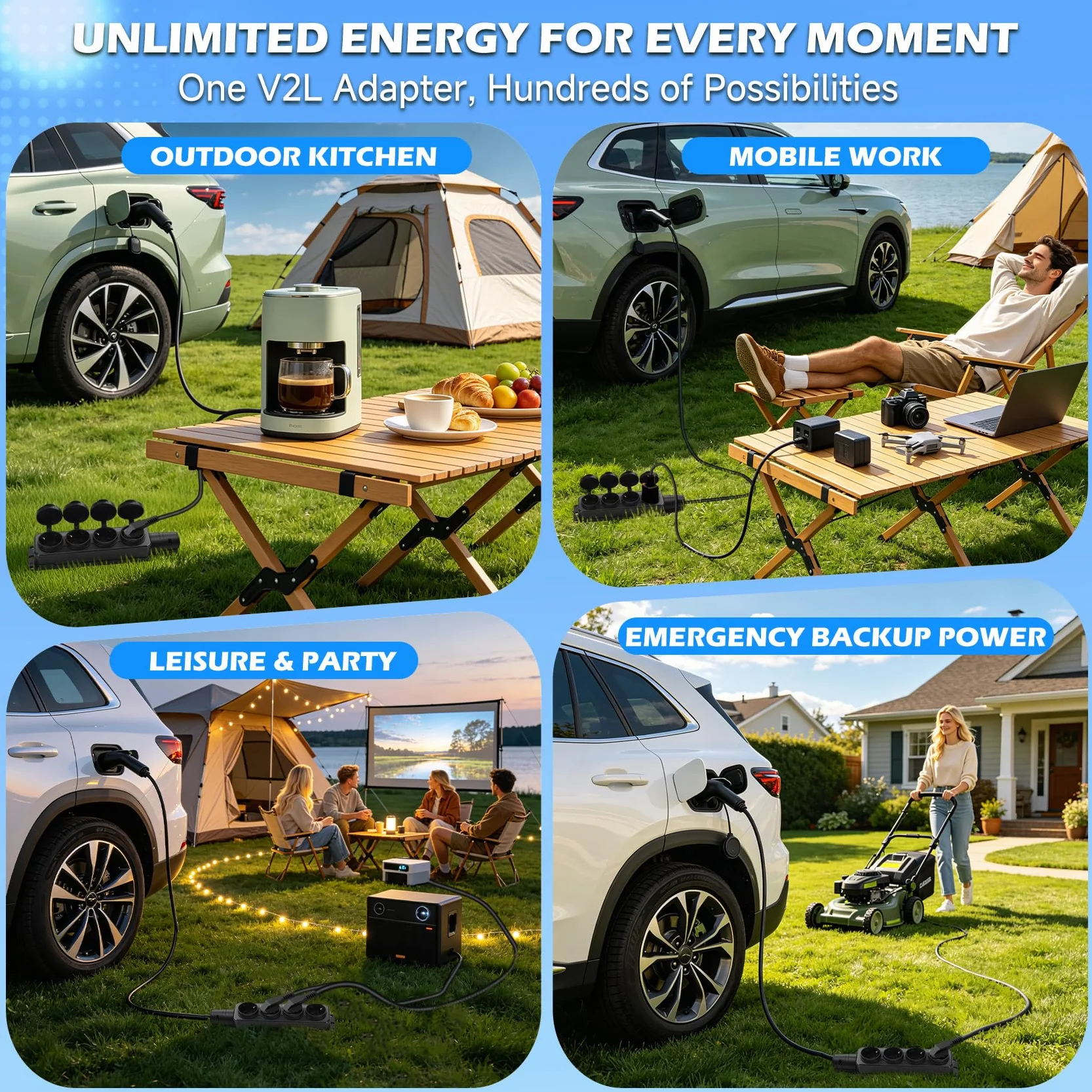 JULIK Adattatore V2L per Omoda 5 EV, Jaecoo 7, EBRO S700, Tiggo 8 - Lunghezza Totale 3m, Multipresa 4 Uscite, 3.5kW 16A Pistola di Scarica Tipo 2 EV a Presa Schuko, Camping, Emergenza