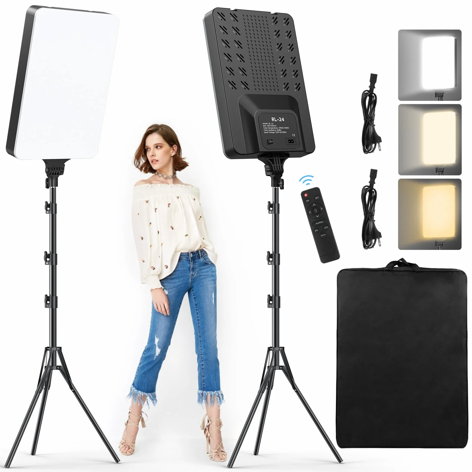 Set di 2 luci video a LED da 24 pollici, 2800-6500 K, dimmerabili, illuminazione continua per fotografia, con telecomando e treppiede da 200 cm, CRI 96+, luci da studio per TikTok, YouTube