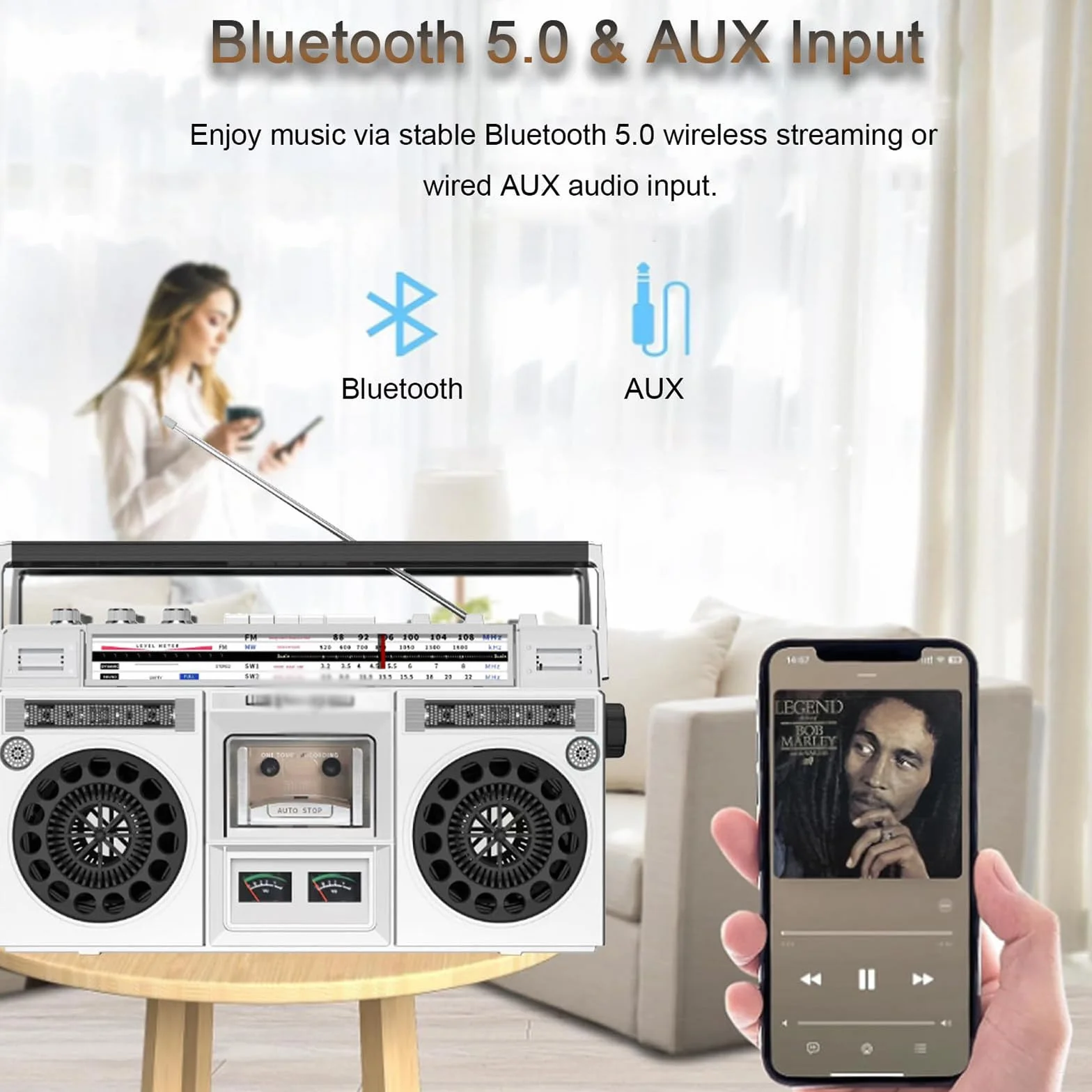 Boombox con lettore cassette retrò con Bluetooth e riproduzione USB - Include funzione di registrazione per raduni familiari e viaggi