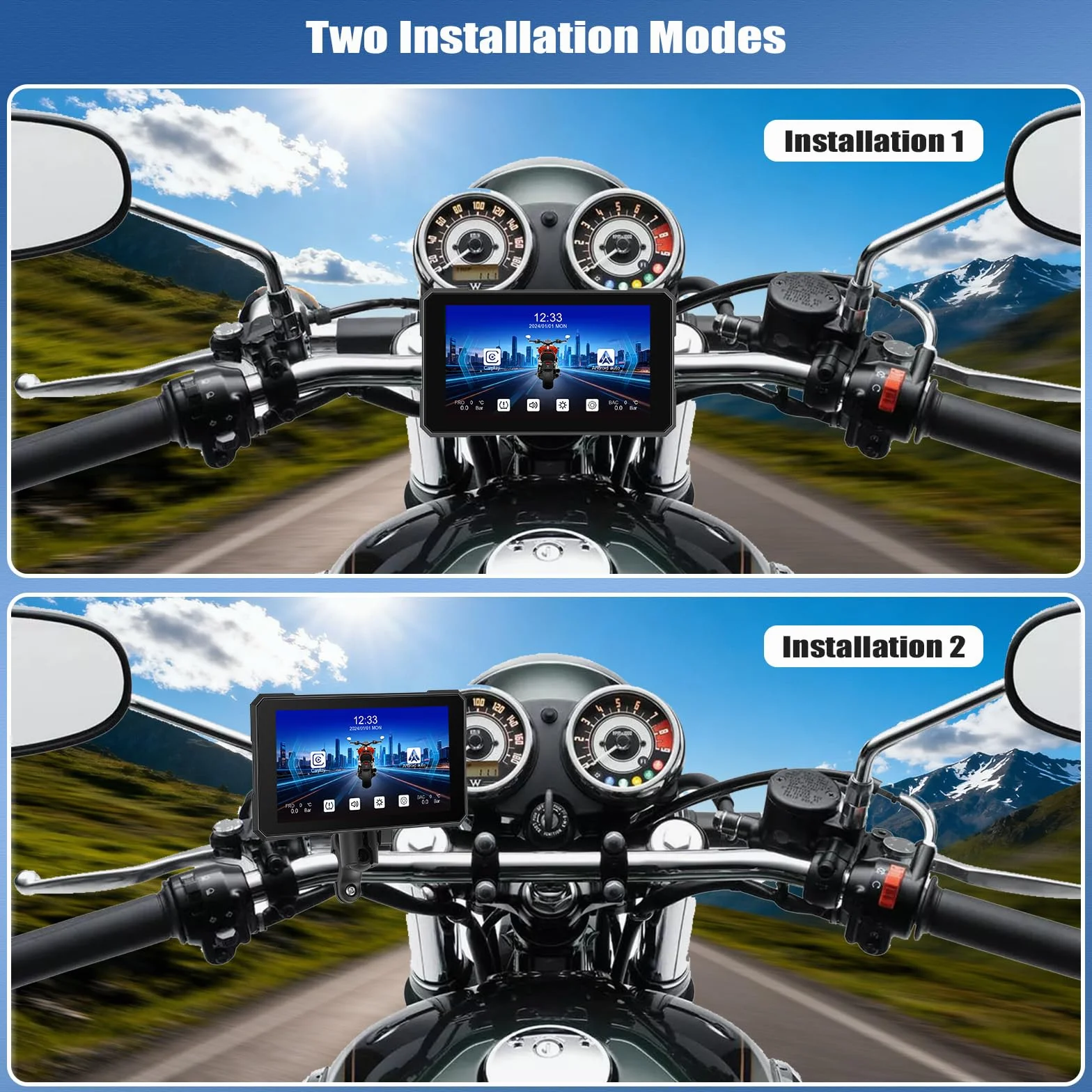 [2026 NOVITÀ] CAMECHO 5 pollici Touchscreen Wireless Carplay Moto con rilevamento della pressione dei pneumatici, GPS Moto Auto con CarPlay wireless Android Auto Bluetooth IP67 impermeabile 12V