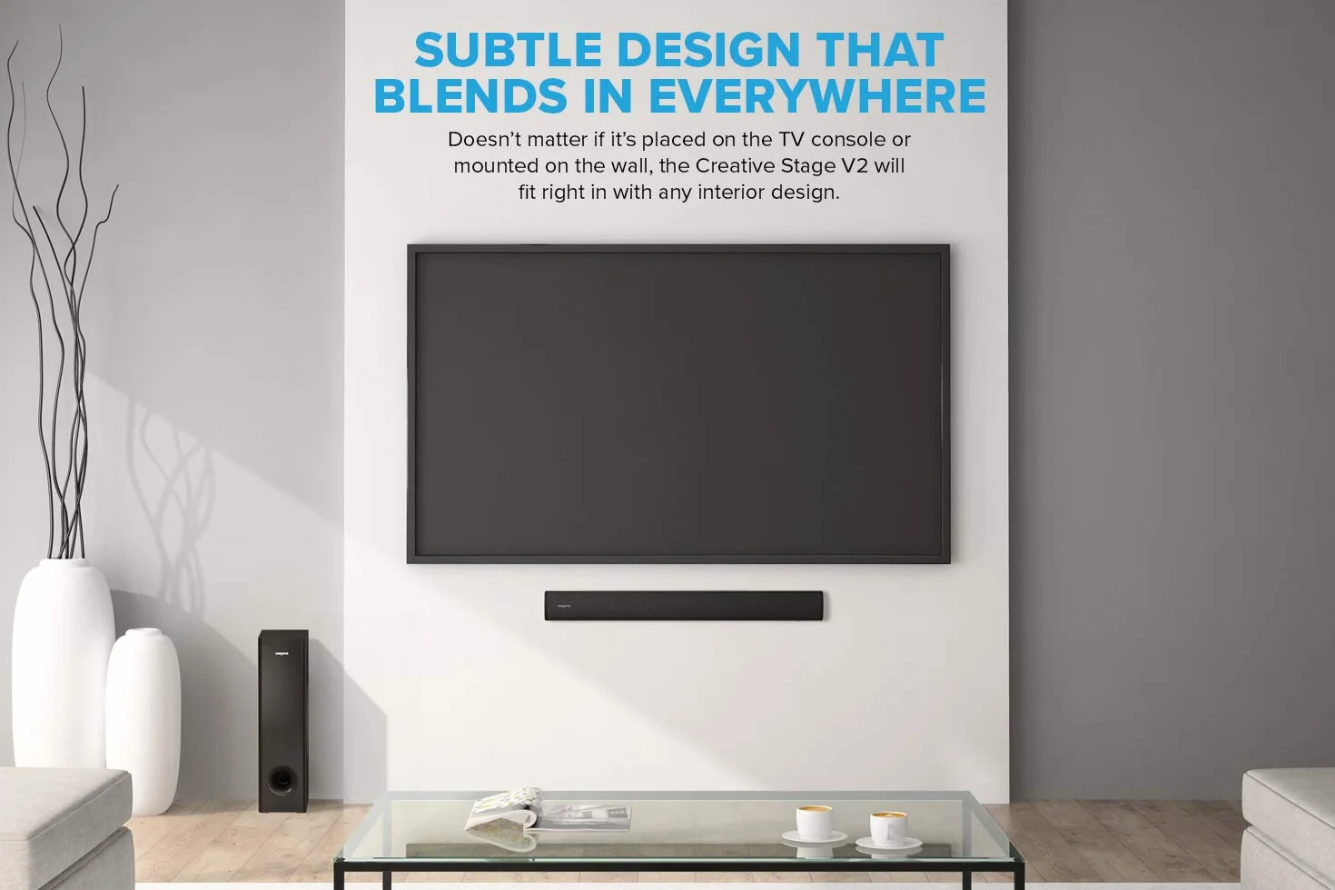 Soundbar Creative Stage V2 2.1 160W con subwoofer, Clear Dialog e Surround di Sound Blaster, Bluetooth 5.0, TV ARC, ingresso ottico e audio USB, con montaggio a parete, bassi e alti regolabili, per TV
