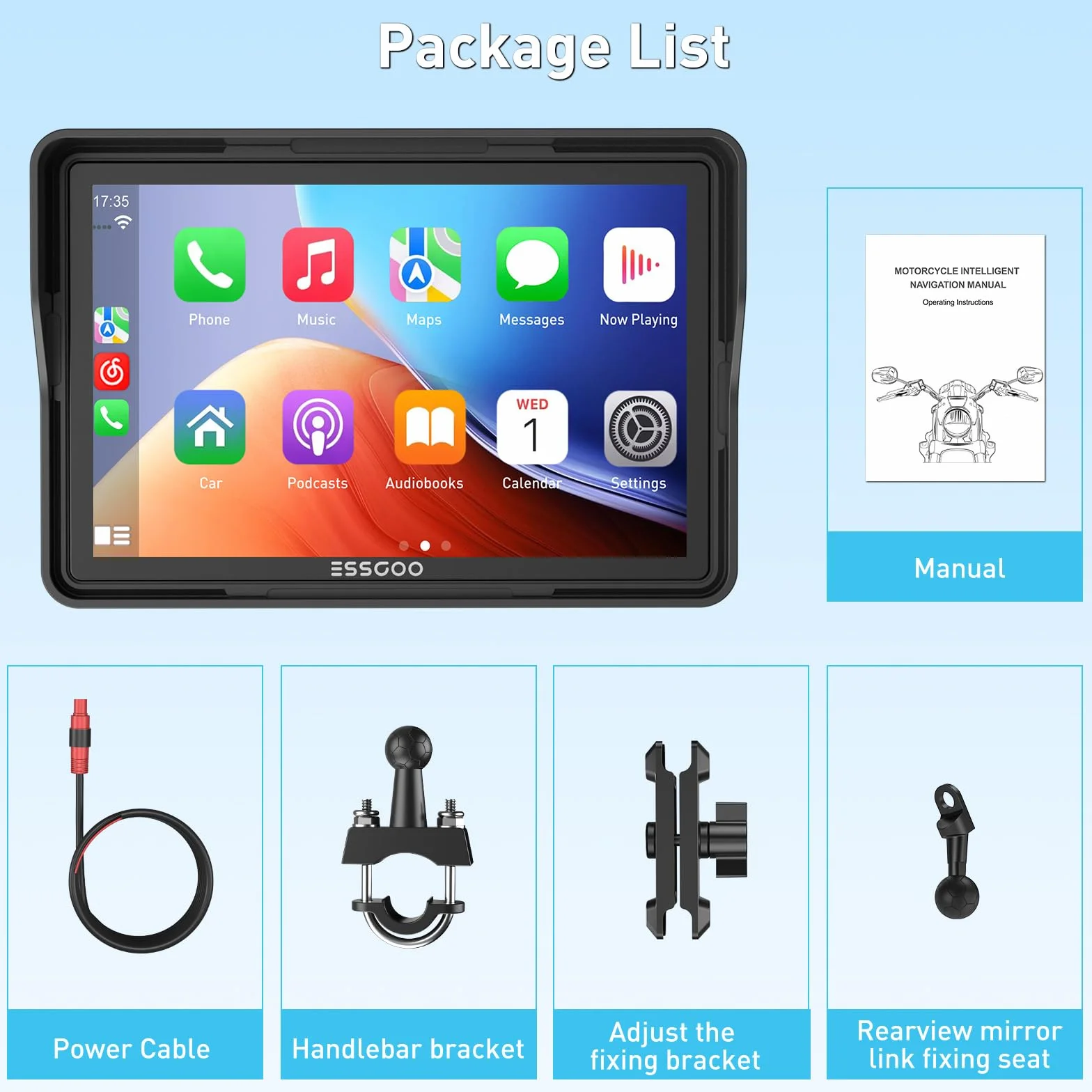 ESSGOO CarPlay moto wireless 5 pollici schermo touch impermeabile GPS Bluetooth Android Auto
