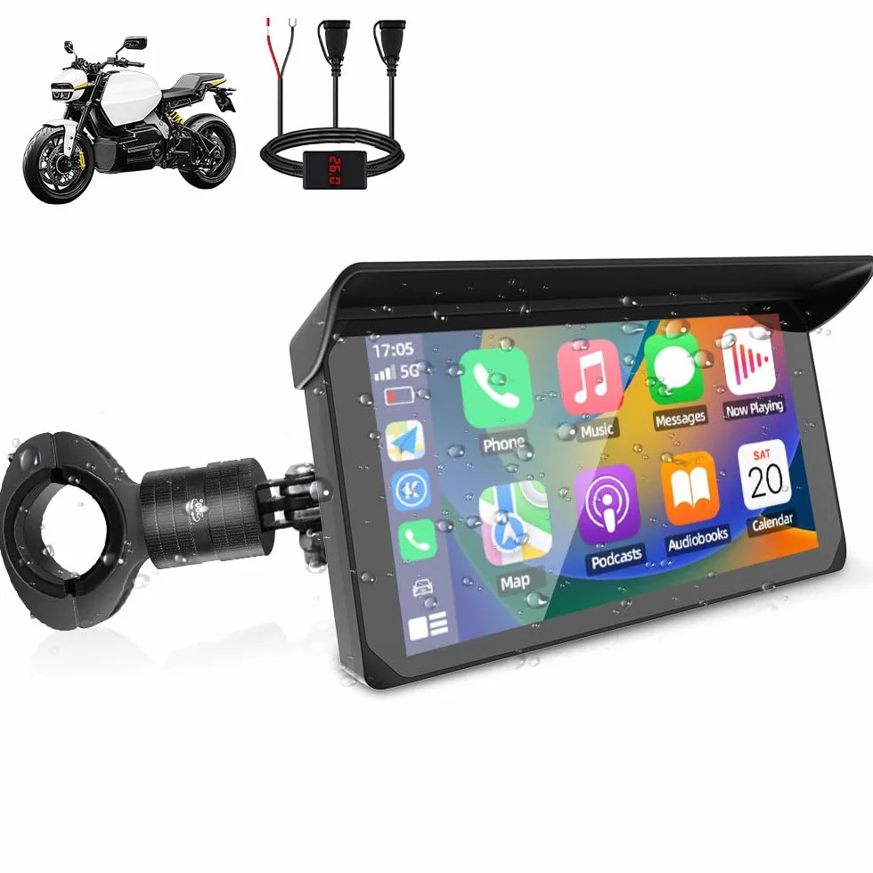 VSYSTO Schermo Carplay per moto, Carplay wireless e Android Auto, touchscreen da 5 pollici, display con indicazione della temperatura e della tensione della batteria,navigazione GPS, assistente vocale