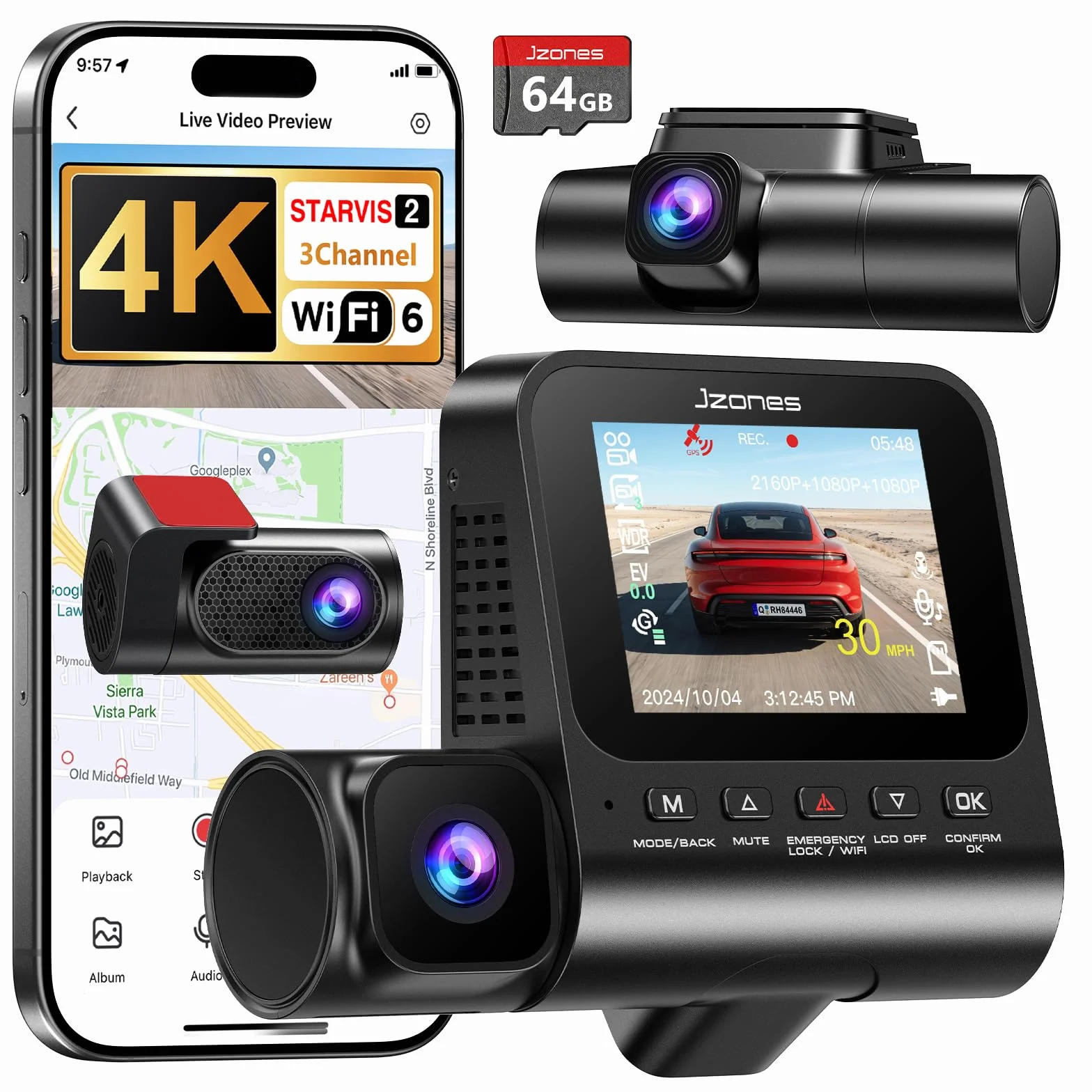 Dashcam Auto 4K 3 Canali, Visione Notturna STARVIS 2, HDR, WiFi 6, GPS, 64GB SD Inclusa