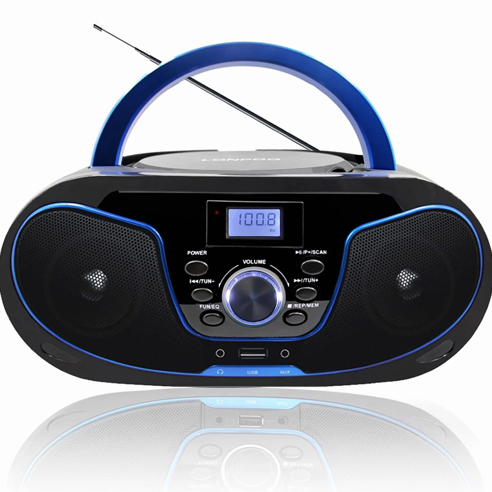 LONPOO Lettore CD Boombox Portatile - Stereo con Radio FM, Ingresso Bluetooth, USB, AUX, Uscita Auricolari, Audio Domestico Compatto, AC o Alimentato a Batteria (LP-D02)