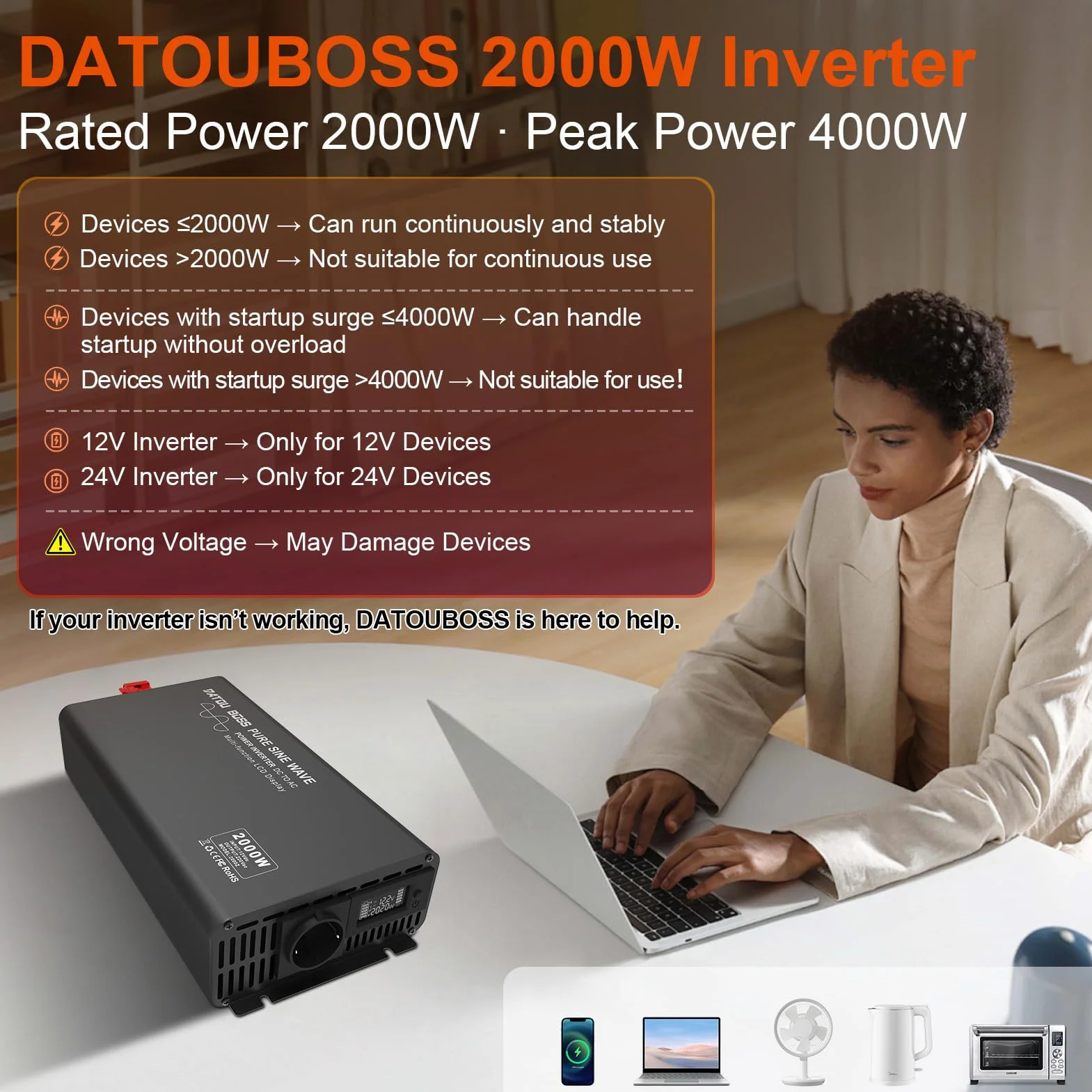 DATOUBOSS Inverter 12v 220v Onda Pura 2000W/4000W Inverter Convertitore con Telecomando 1 Prese EU e Display LCD per Auto,Camion, Camper