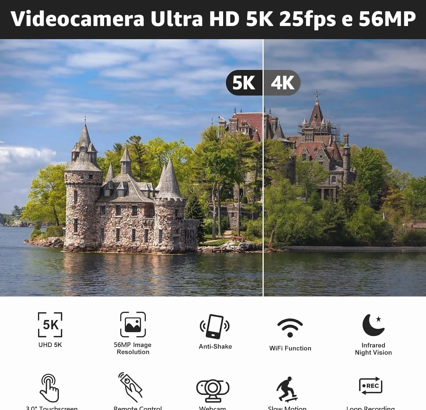 Videocamera 5K 56MP Camera Vlog per YouTube, WiFi, Visione Notturna IR, Zoom Digitale 16X, Schermo Touch 3", Webcam, Microfono Esterno, 2 Batterie, Scheda 64GB, Stabilizzatore, Telecomando, Treppiede