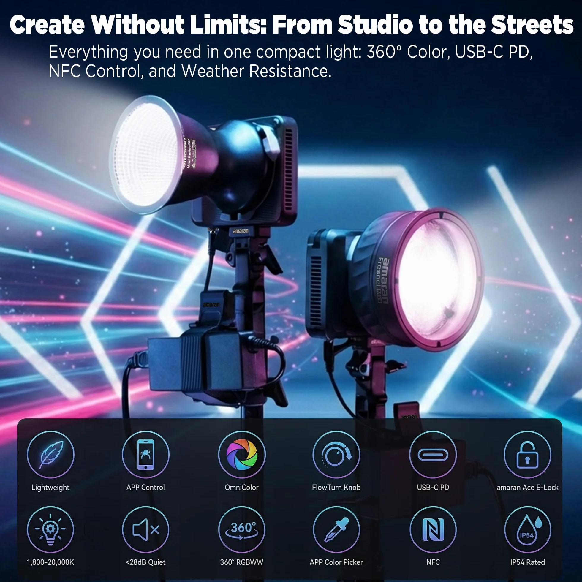 Amaran Ray 120c Full Color COB LED Video Light, 120W Ultra-Compact Travel Light con Octa Dome 30 Softbox, USB-C PD Power, IP54, OmniColor Engine, 2.300K-10.000K, App/NFC Control, Bowens Mount
