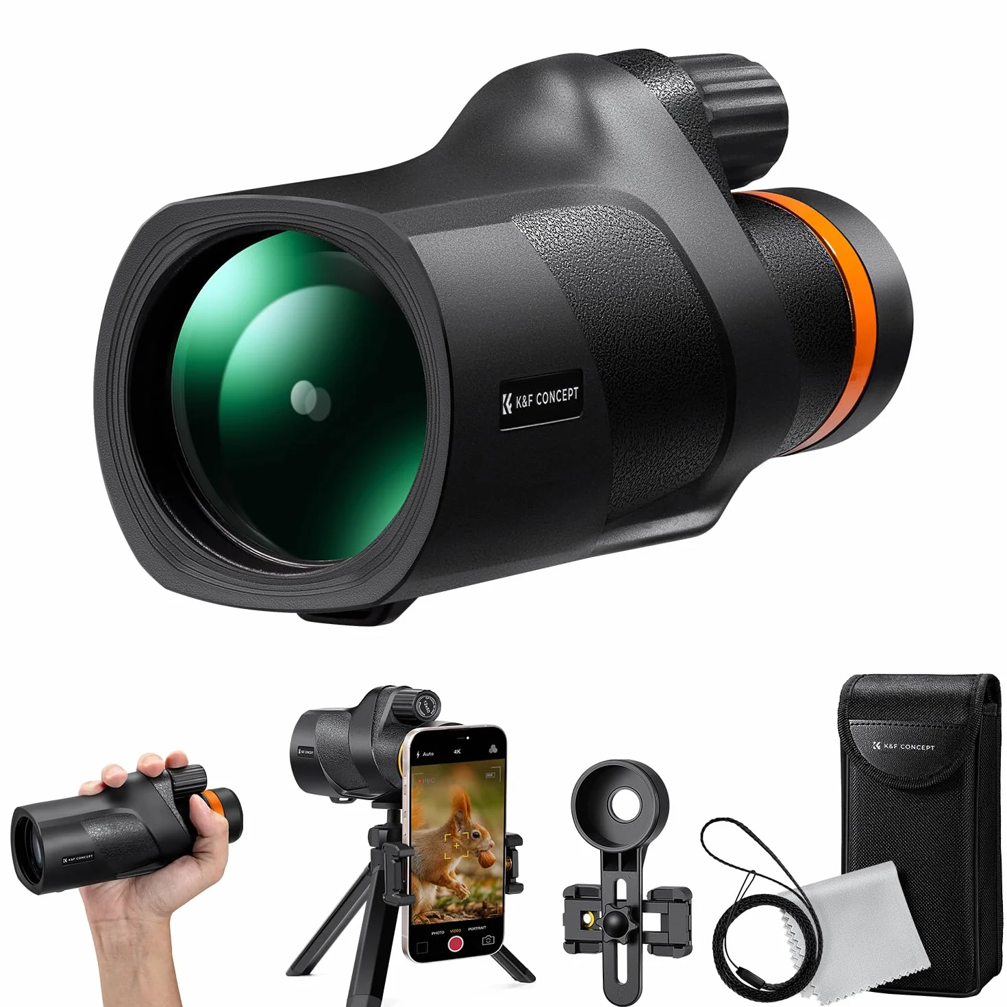 K&F CONCEPT Telescopio Monoculare 12 * 50, HD BAK4, Monocolo Portatile con Interfaccia Arca, Clip per telefono, Supporto per Treppiede Piccolo, Canocchiale Monoculare per Bird Watching, Viaggio, Nero