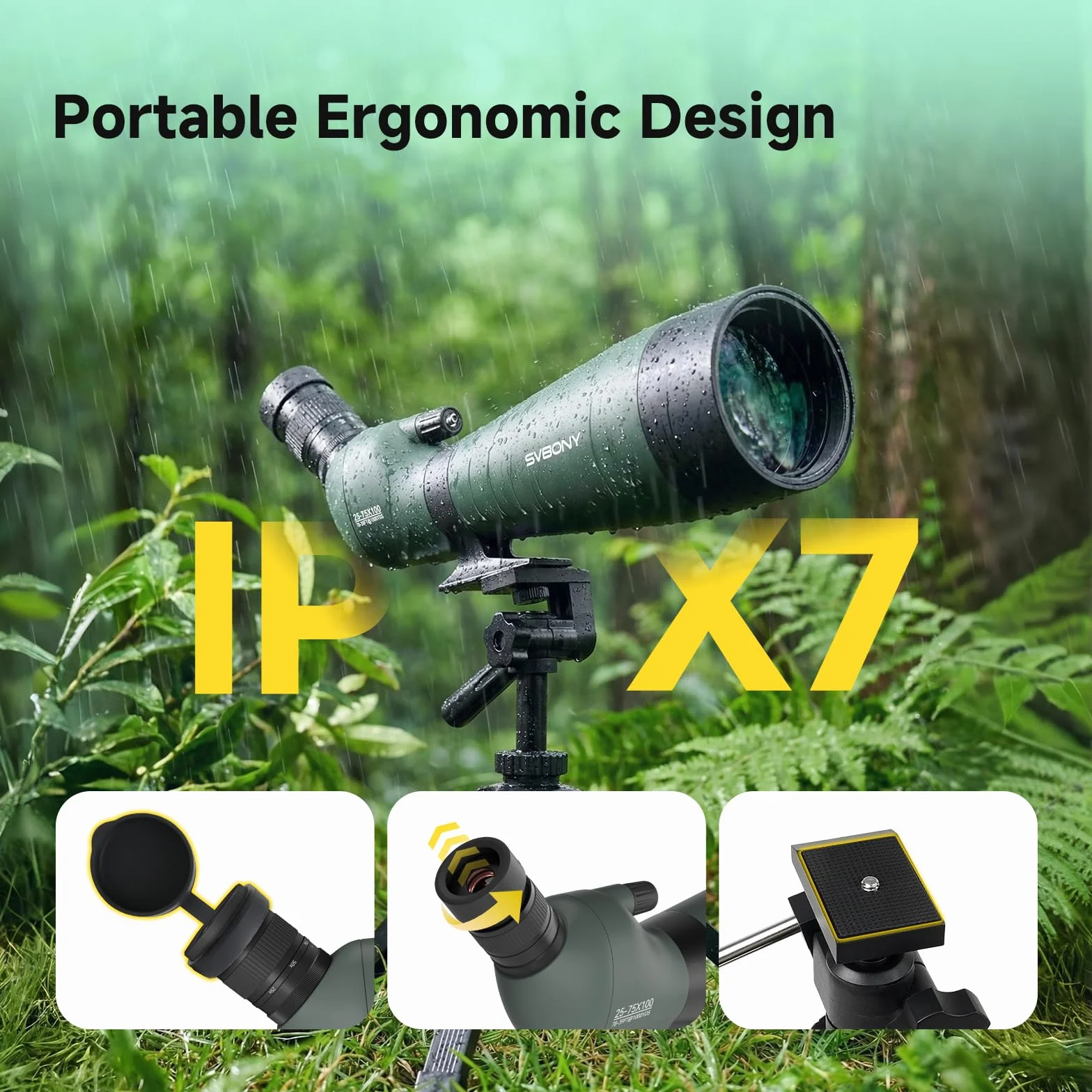 Svbony SV28 - Cannocchiale da 25-75 x 100 mm con treppiede, ampio campo visivo, immagini chiare e luminose, HD Bak4 FMC Spotter Scope con adattatore per smartphone, per tiro al bersaglio bird watching