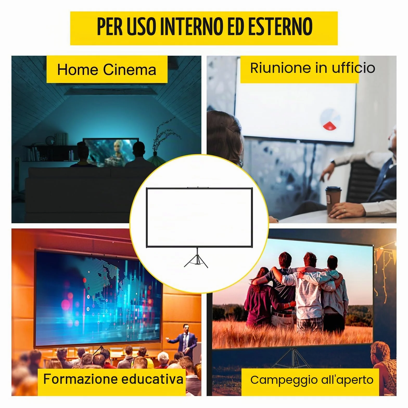 VEVOR Schermo Cinematografico per Esterni, 254cm, HD 16:9 Schermo del Proiettore Portatile con Supporto Treppiede in Alluminio, Grandangolo di 160 Gradi, per Casa, Cattedrale, Bianco