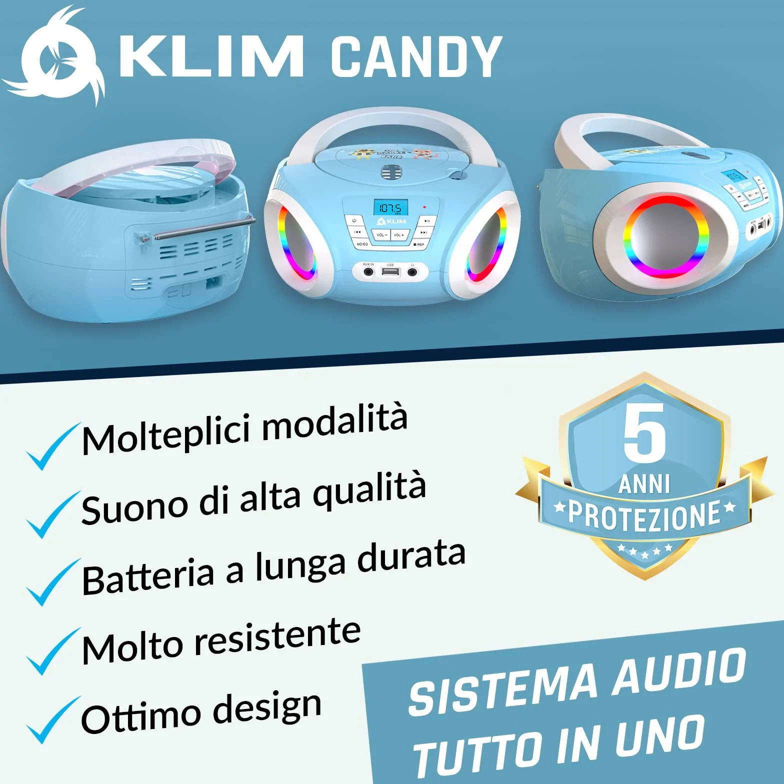 KLIM Candy Stereo per bambino NUOVO + Radio FM + Batterie incluse + Lettore CD Blu con altoparlanti e Radio + Regalo Perfetto