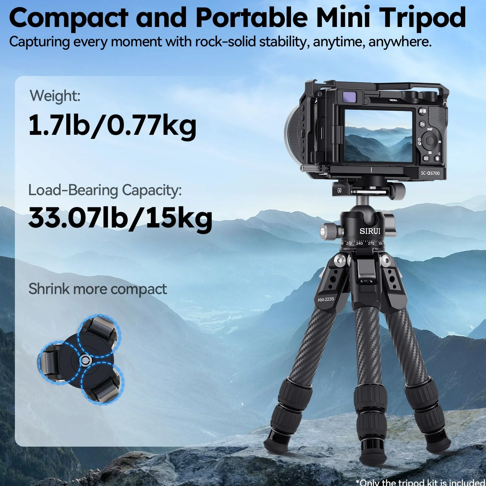 SIRUI AM-223S+G0 Mini treppiede per fotocamera in fibra di carbonio - ultraleggero 0,8 kg, altezza massima 42,4 cm, treppiede da tavolo con testa a sfera panoramica a 360°, supporto resistente fino a