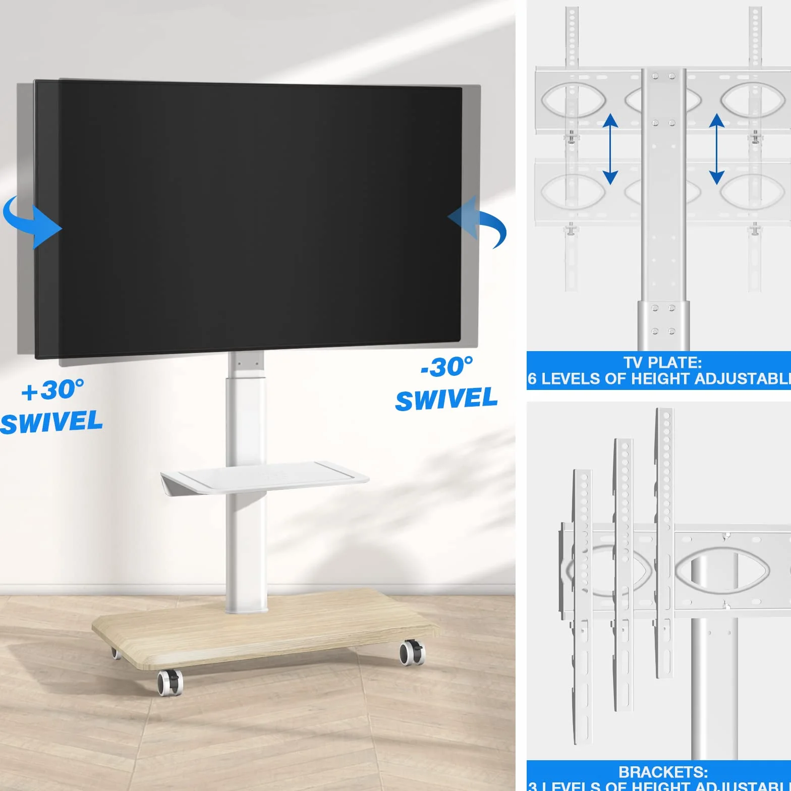RFIVER Supporto TV da Pavimento con Ruote per Schermo 27-70 pollici LED LCD Plasma Porta TV Mobile Carrello Girevole/Regolabile in Altezza/con 2 Ripiani
