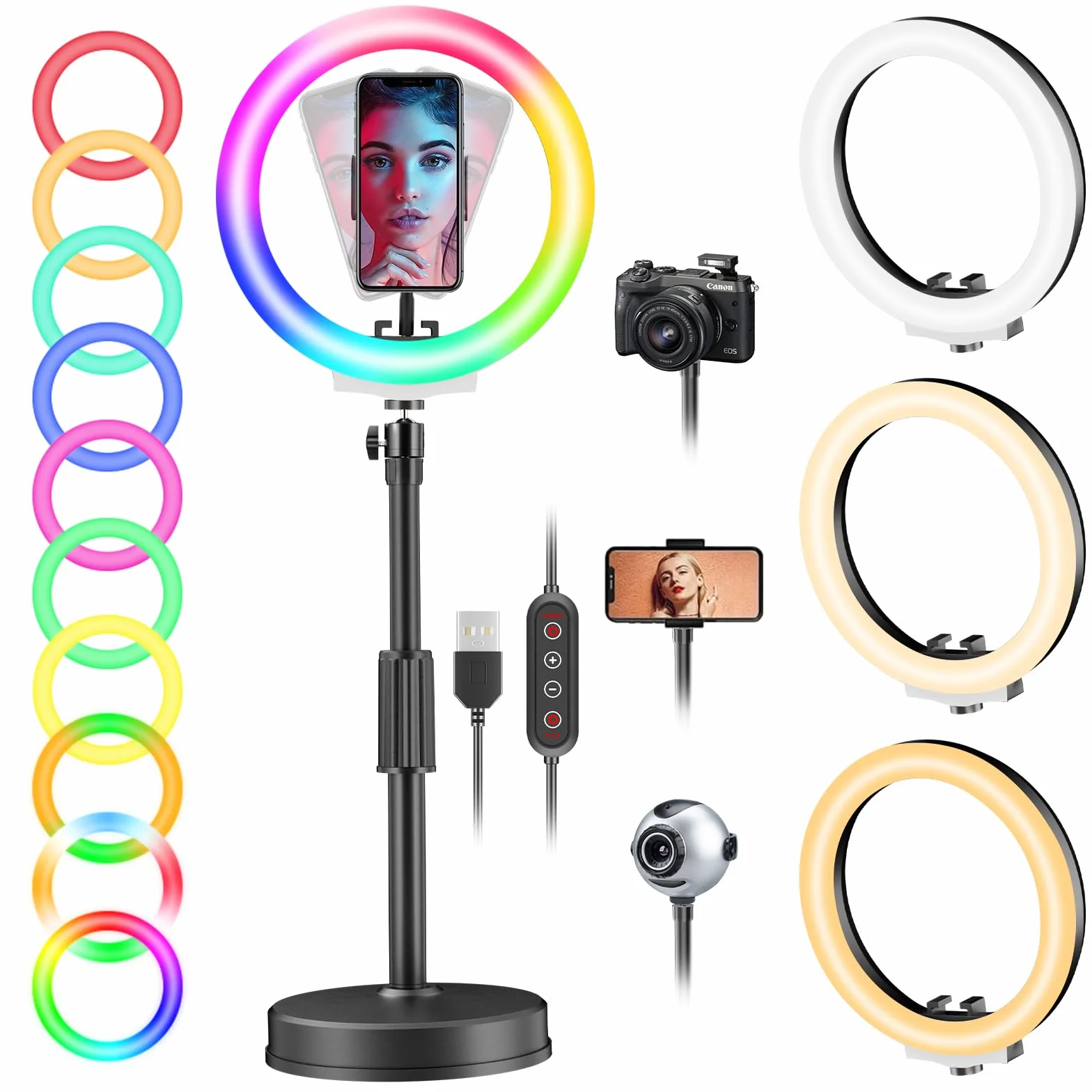 PEYOU Anello luminoso con supporto e supporto per telefono, desktop dimmerabile da 10" 【RGB e LED】 Luce circolare per riunioni Zoom/streaming live/video/YouTube/Tiktok/Vlog