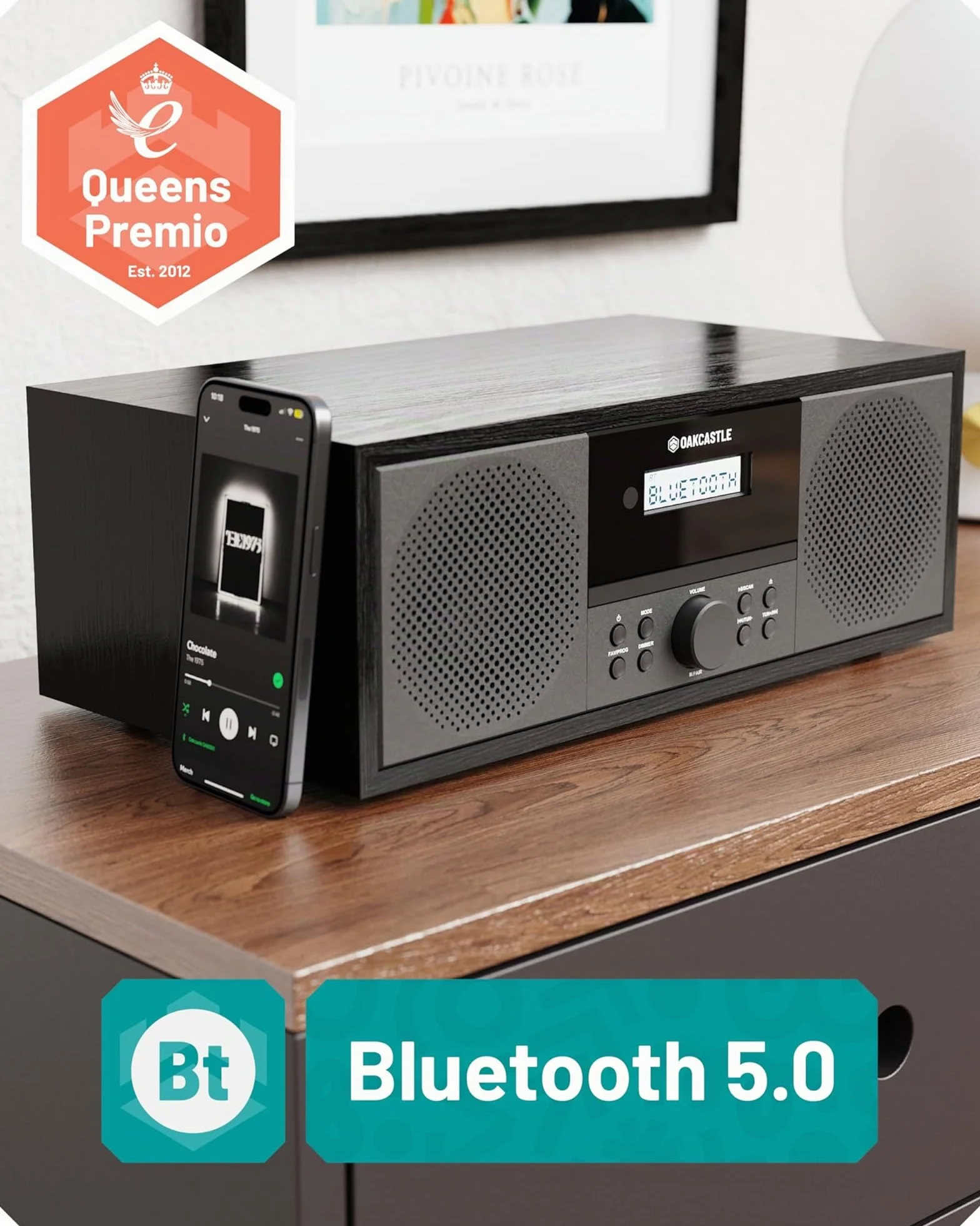 Impianto Stereo Casa 60W | Lettore CD HiFi con Doppio Allarme e 198 Preselezioni | Radio DAB+/FM con Display LCD | Bluetooth, USB, AUX, Telecomando e Altoparlanti Integrati | Oakcastle DAB500