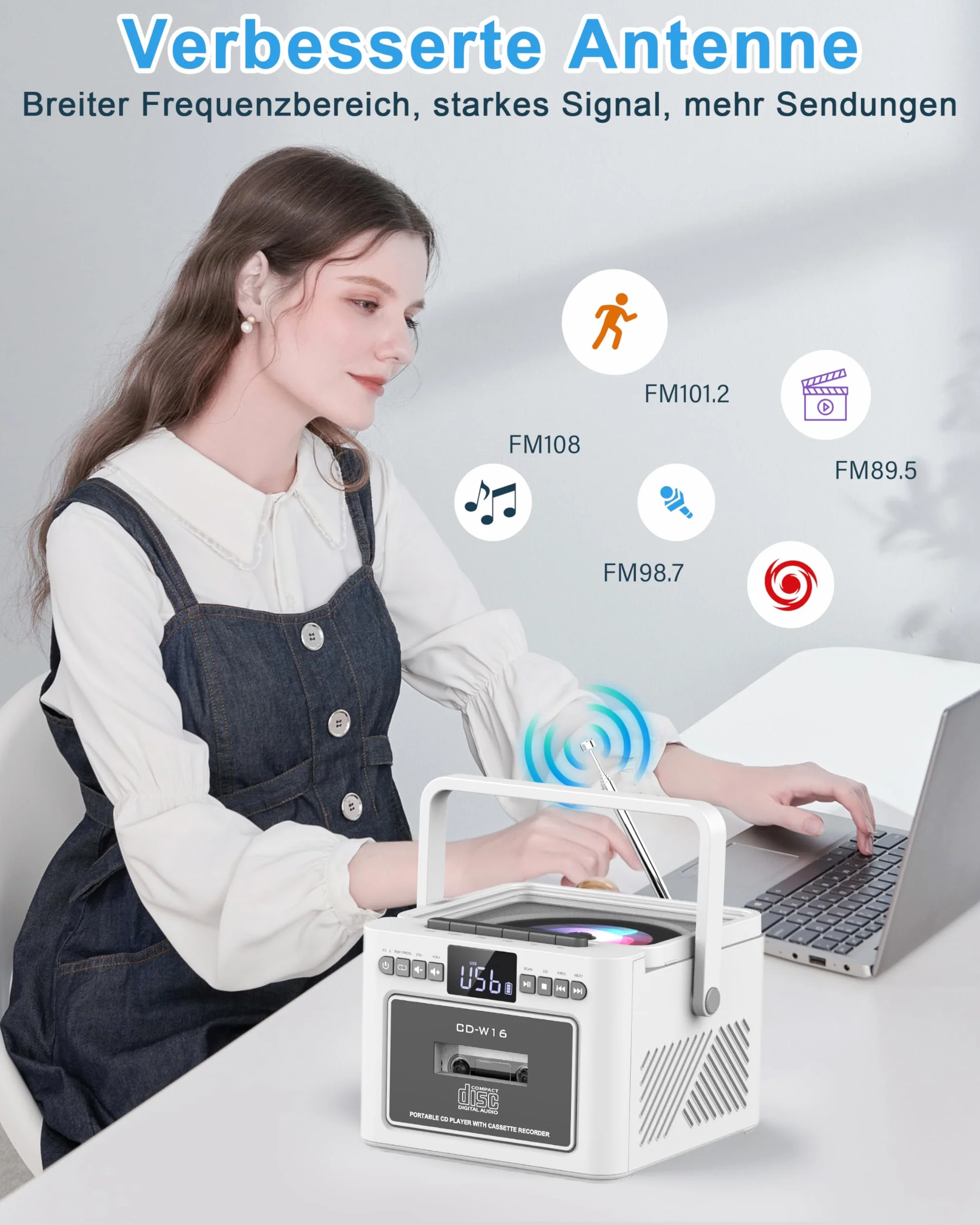 Greadio Lettore CD Portatile, Boombox con Lettore di Cassette e Radio FM, Bluetooth 5.1, Batteria Ricaricabile da 5000mAh, Telecomando, Ingresso AUX/USB/Scheda SD, Altoparlante da 5W, Schermo LED