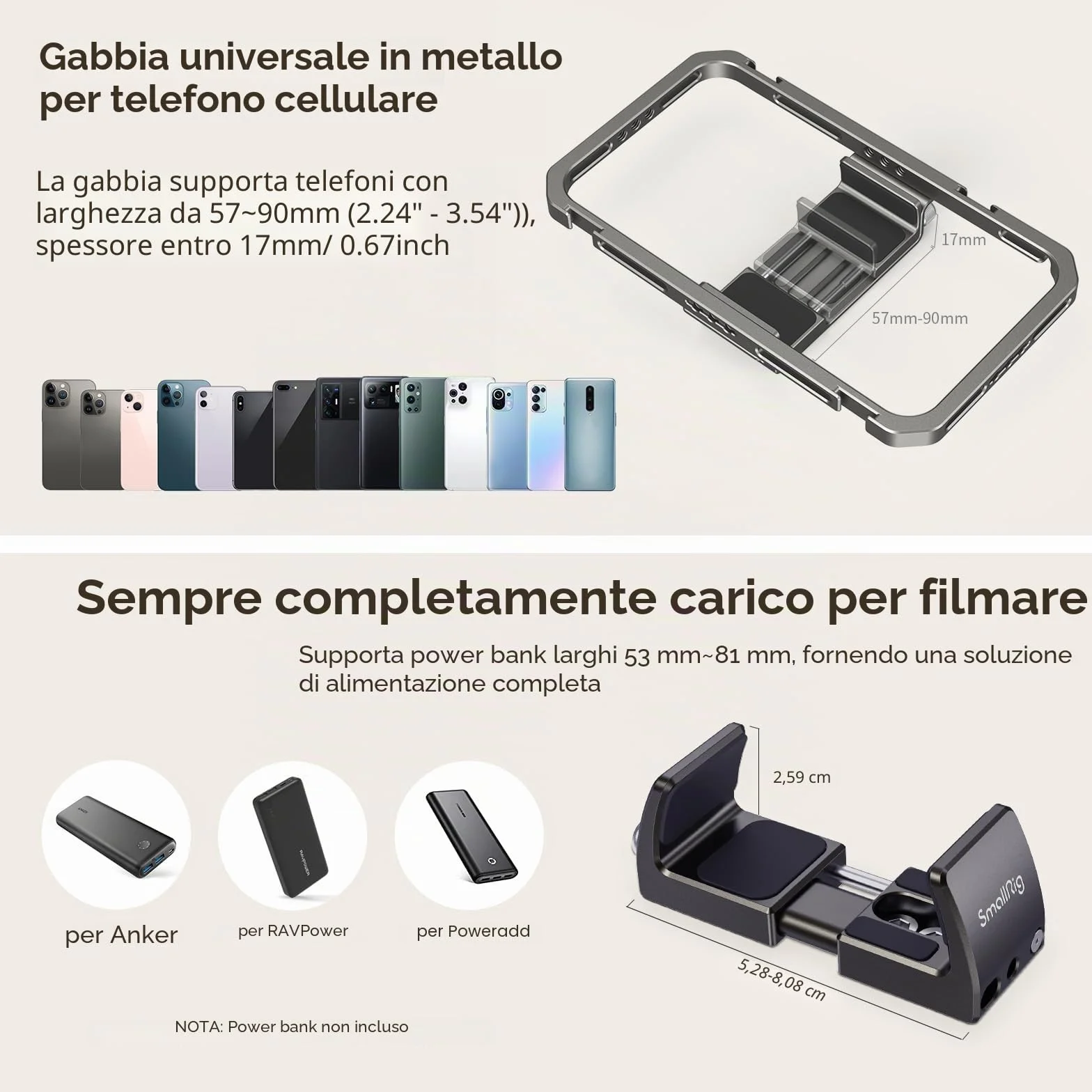 SMALLRIG Universal Phone Video Rig Kit per iPhone, Smartphone e Fotocamere, Stabilizzatore per Telefono con Treppiede Microfono Luce LED Maniglia Laterale Power Bank Holderm - 3384C