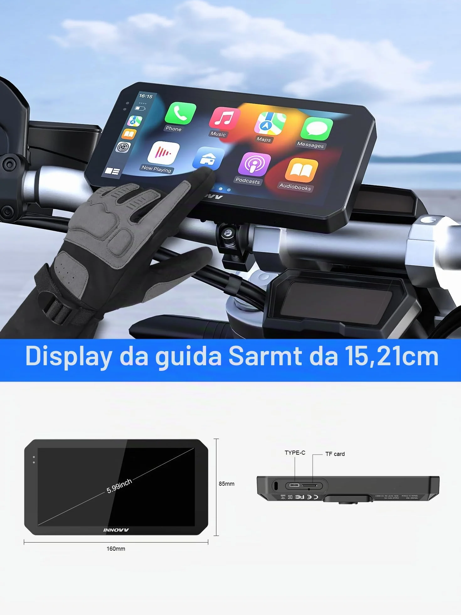 INNOVV N2 6 pollici Apple Carplay Schermo per Moto, Touch Screen Wireless Apple CarPlay & Android Sistema di Navigazione GPS Auto, 5G Wi-Fi, IP67 Impermeabile, Bluetooth, Modalità Parcheggio, Siri