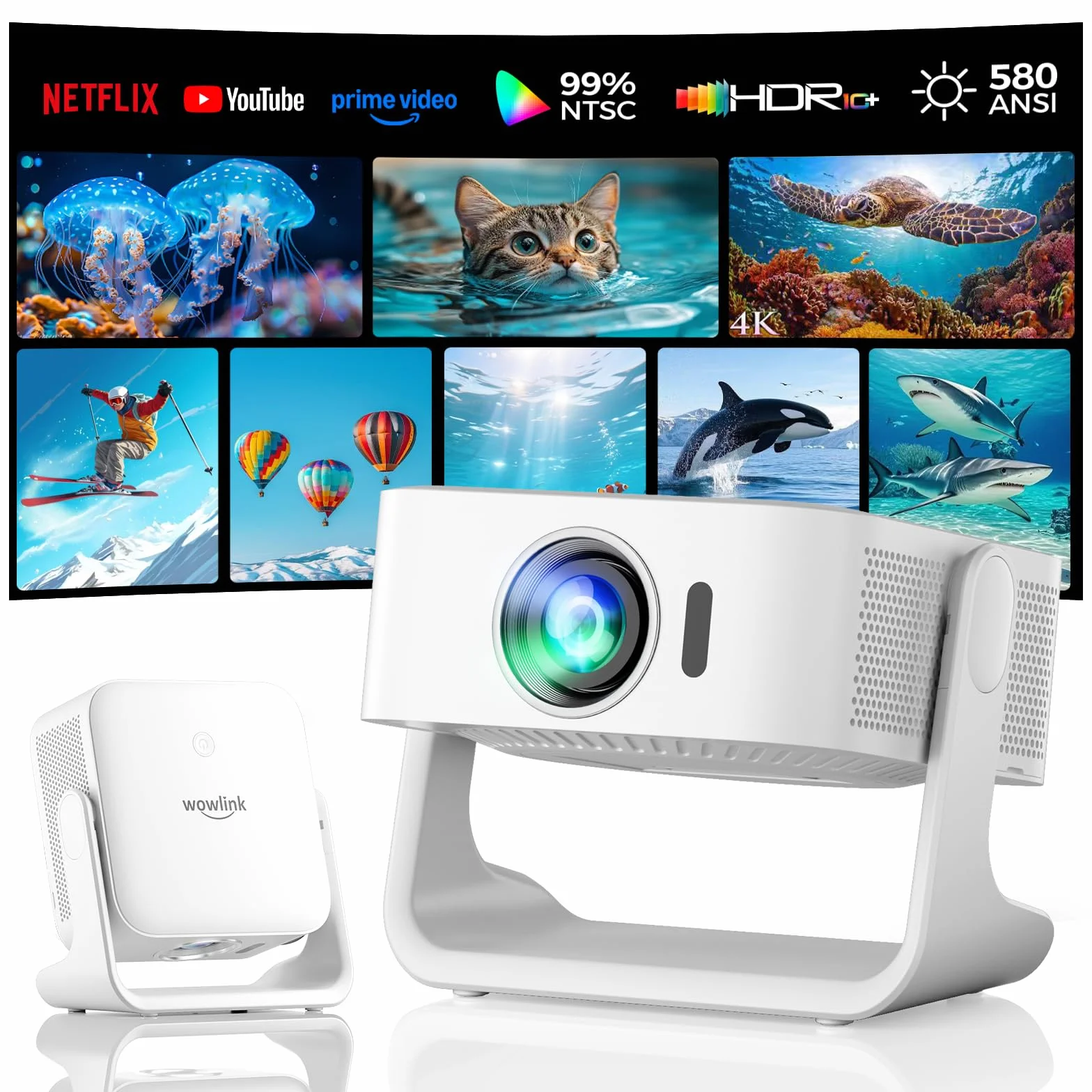 Proiettore 4K WiFi 6 Bluetooth 5.4 Smart TV OS HDR10+ 3D Suono 1080P Native Auto Focus Keystone Bianco