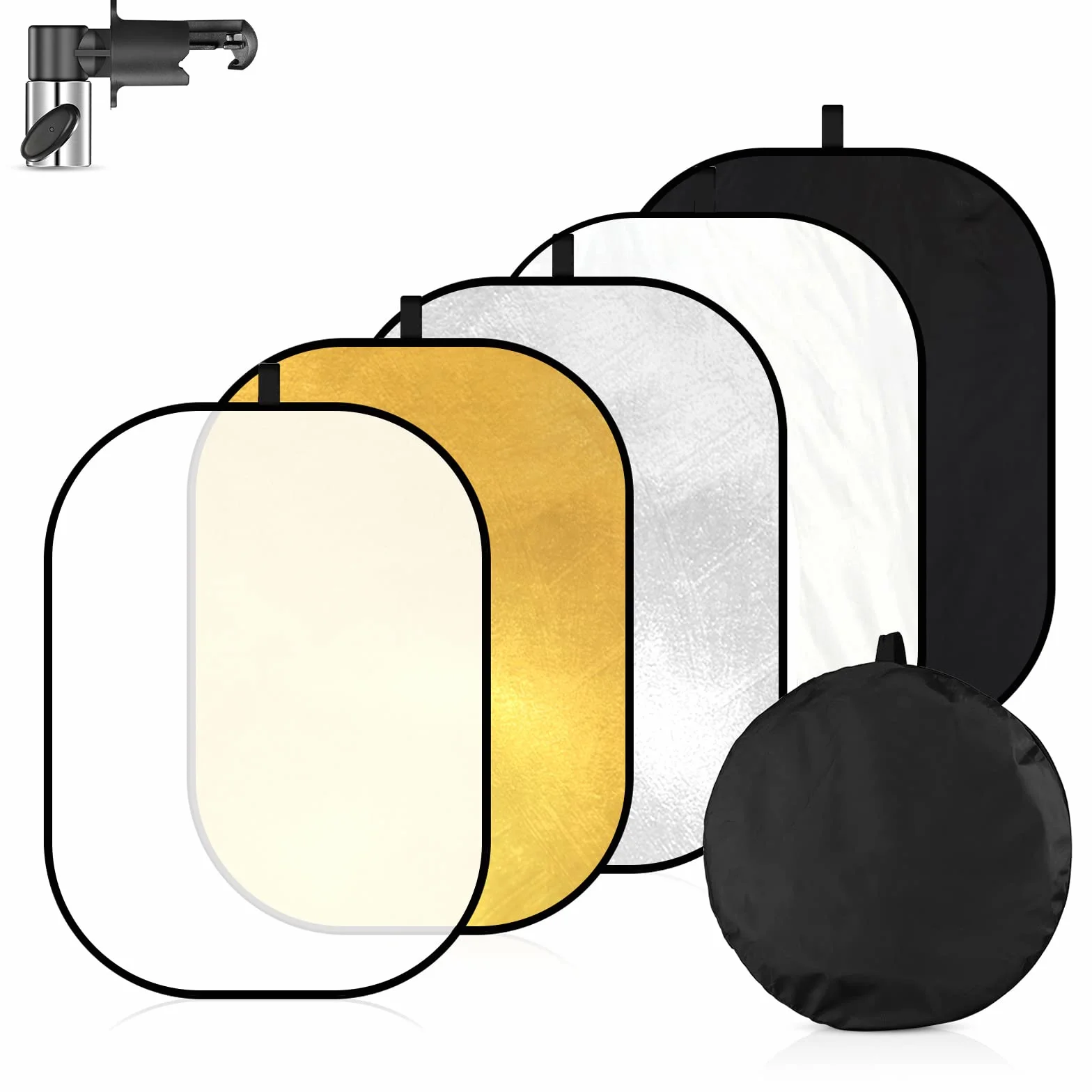 Soonpho Riflettore pieghevole 5 in 1 per fotografia, diffusore ovale, 60 x 79 pollici, 150 x 200 cm, oro, argento, nero, trasparente, bianco con clip e custodia per illuminazione esterna