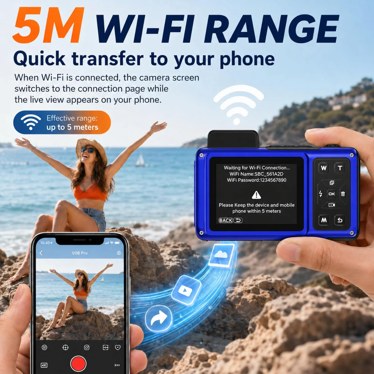 Maxmango V08 Pro 49FT Macchina Fotografica Subacquea - 8K 90MP WiFi Macchina Fotografica Digitale, 2.8'' Touchscreen Robusta Antipolvere Antiurto per Snorkeling, 64GB Fotocamera Digitale, Blu
