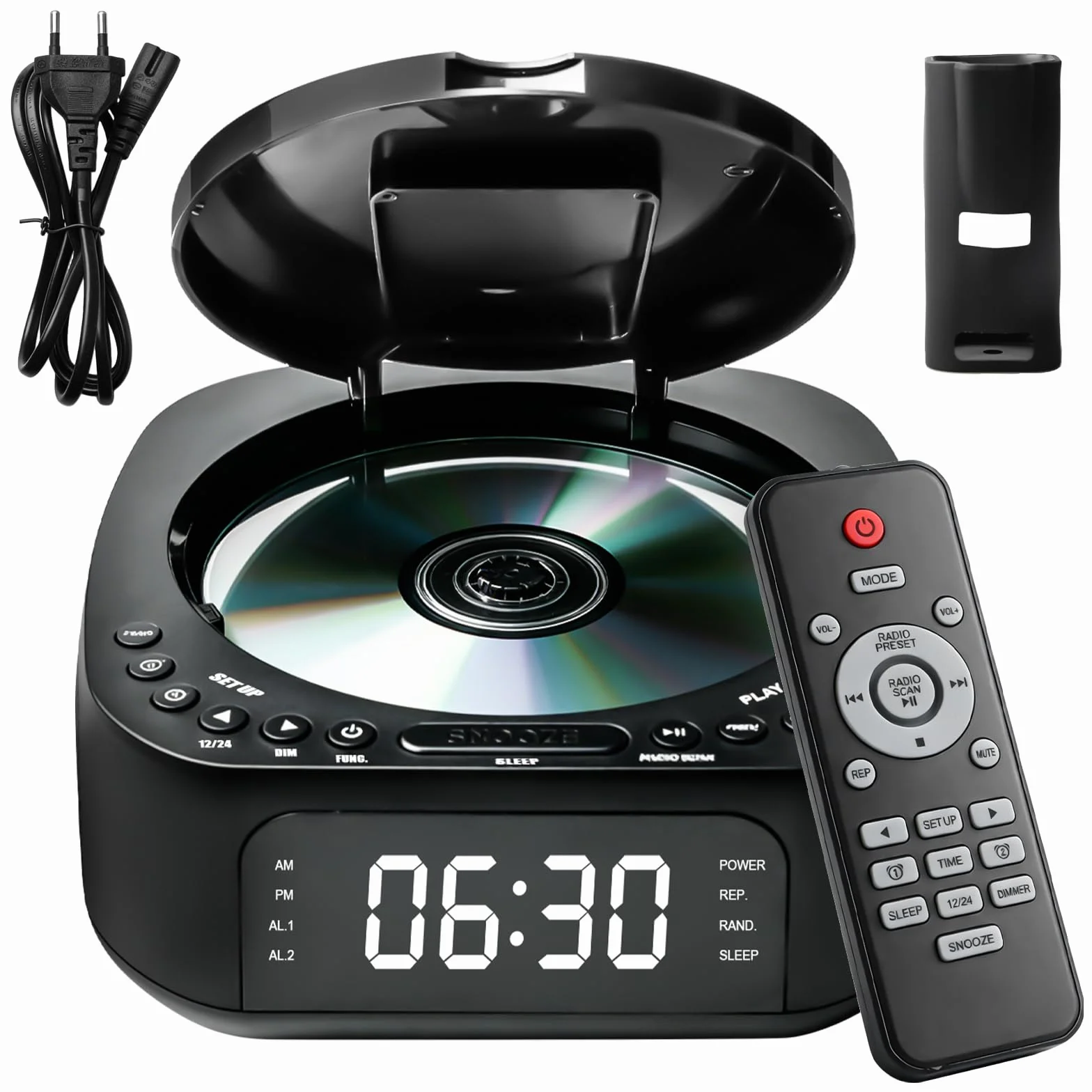 Lettore CD portatile con Bluetooth, radio FM, lettore CD MP3 con doppio altoparlante stereo, sveglia, SleepTimer, lettore CD ricaricabile, supporta USB/AUX, display grande, telecomando, nero