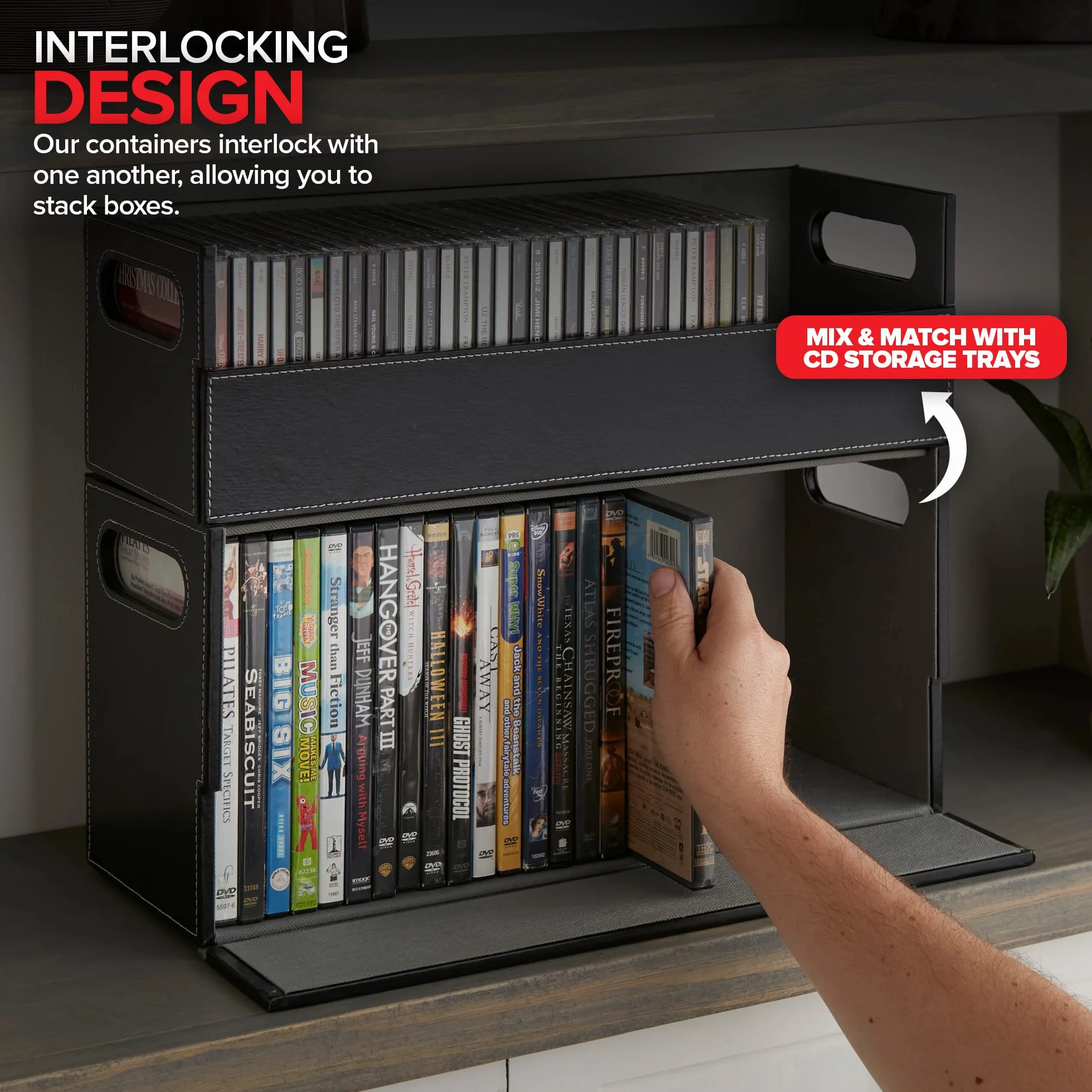 Stock Your Home Scatola portaoggetti per DVD, organizer per Blu-Ray, custodie per videogiochi, CD, supporto per nastri VHS, supporto per dischi può contenere fino a 28 DVD, in ecopelle (nero)