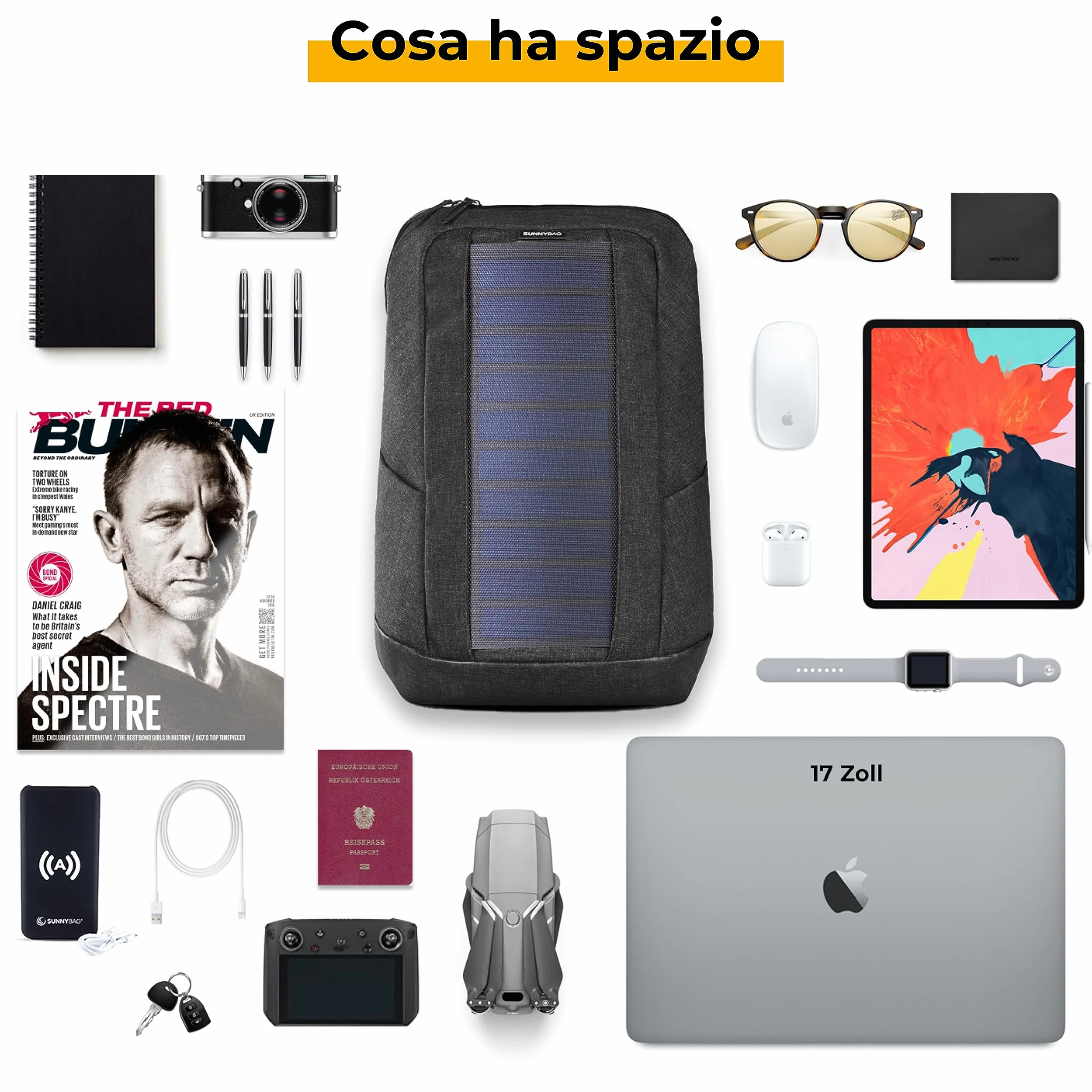 Sunnybag Iconic | Zaino solare con pannello solare integrato da 7 Watt | porta USB | ricarica wireless | scomparto per laptop da 17 pollici | 20 litri | tessuto riciclato idrorepellente | grafite