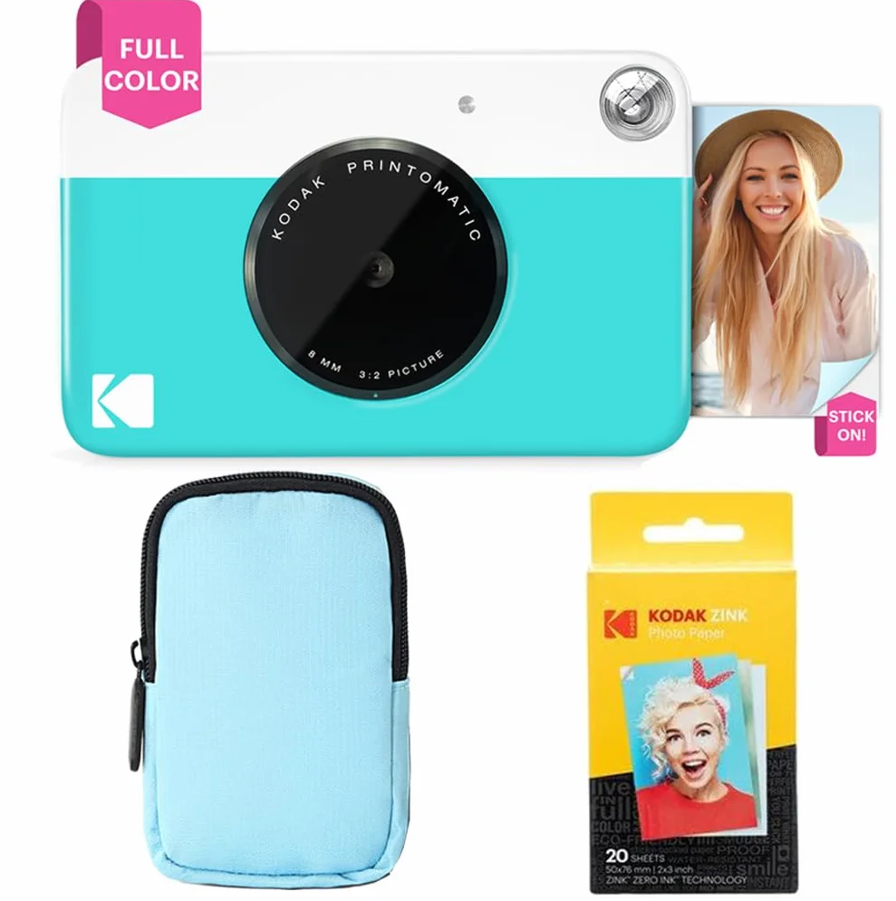 KODAK Printomatic Pacchetto iniziale per macchina fotografica a stampa istantanea a colori + Custodia morbida + Carta fotografica Zink da 20 pezzi - Foto colorate su carta adesiva 2x3" - Blu