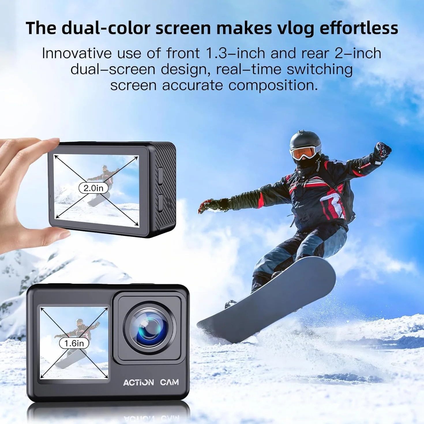 Action Cam 1080P FHD 16MP Fotocamera Subacquea 40M Doppio Schermo 2" 1.3" con Scheda SD 32GB 2 Batterie 1050mAh Nero