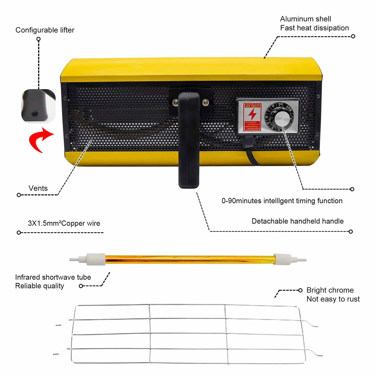 DATOUBOSS 2000W Lampada Infrarossi per Carrozzeria Palmare(40–200 °C, Superficie di Asciugamento 420 x 500 mm, Timer 1–90 min) Lampada per asciugare la Vernice della carrozzeria