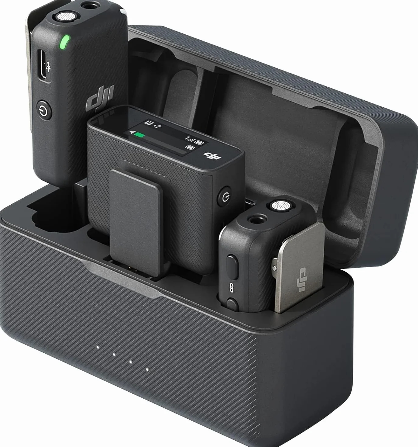 DJI Mic (2 TX + 1 RX + custodia di ricarica), microfono wireless, distanza fino a 250 m, batteria da 15 ore, eliminazione del rumore Microfono wireless per PC, iPhone, interviste, YouTube, vlog