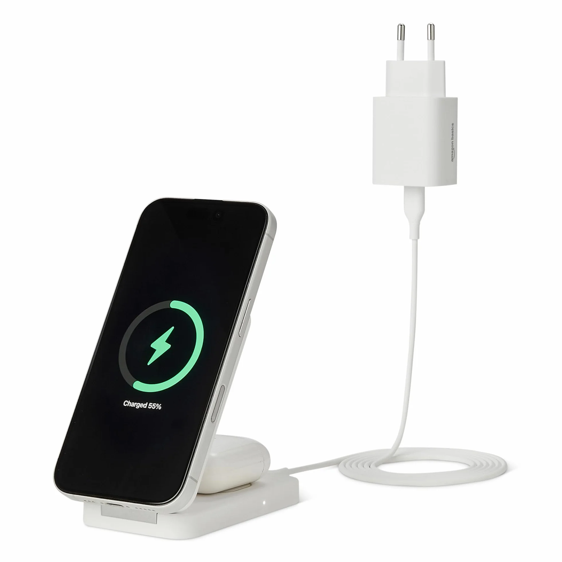 Amazon Basics - Stazione Ricarica Wireless 2in1 Certificata Qi2.2 Compatibile MagSafe, Ricarica Rapida 25W Max Supporto Pieghevole per iPhone 17/16/15/14/13/12, AirPods con Adattatore 45W Max Bianco