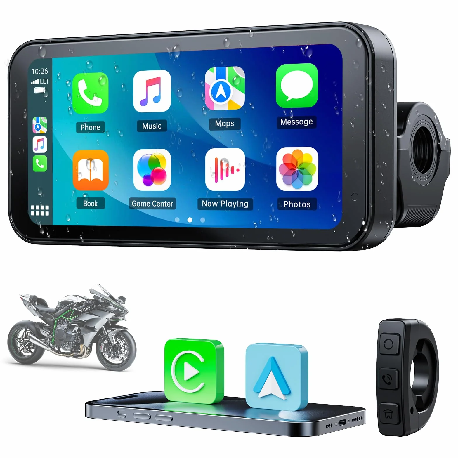 Volam Schermo portatile per Carplay Wireless Android Auto per moto, touchscreen impermeabile IP67 da 6.25 pollici, navigazione GPS automatica, supporto Siri/Google Assistant