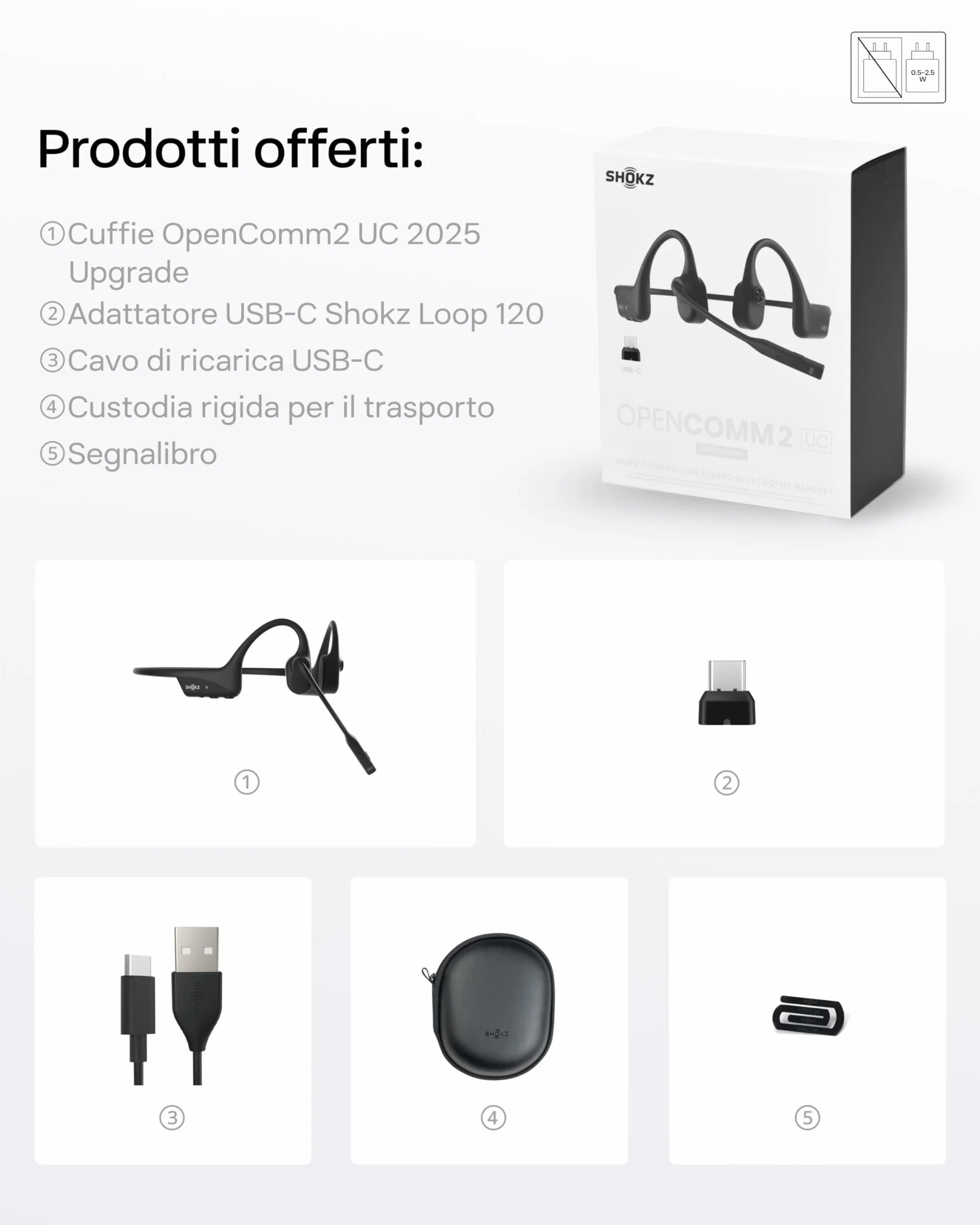 SHOKZ Auricolari OpenComm2 UC 2025 Upgrade a conduzione ossea con adattatore USB-C, auricolari Bluetooth open-ear per l'attenuazione del rumore, wireless, 16 ore di conversazione, Segnalibri, Nero