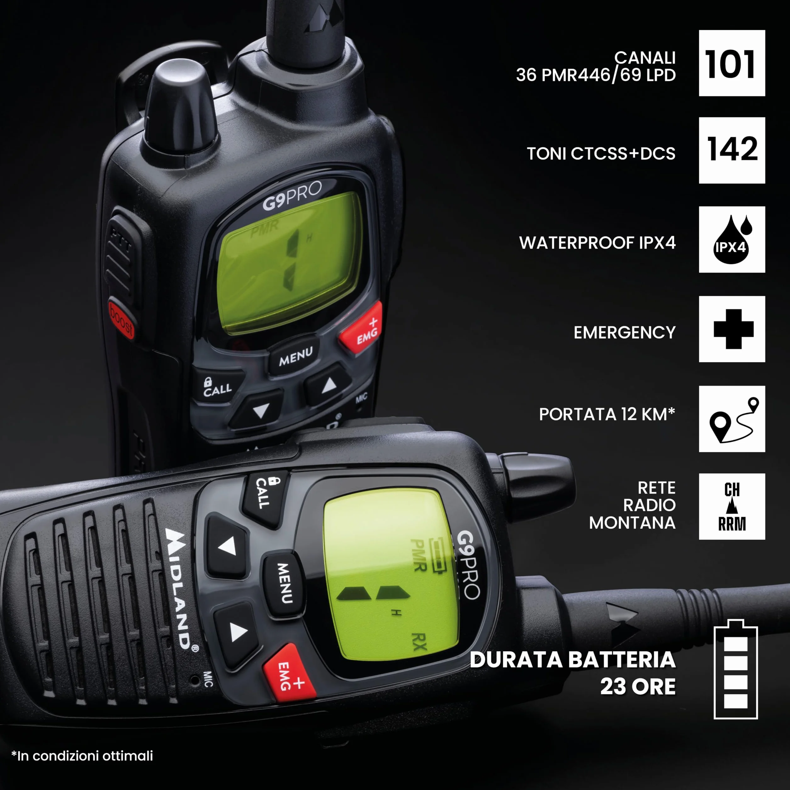 Midland - Walkie Talkie G9 PRO, Ricetrasmittenti Professionali IPX4 Waterproof per Softair e Outdoor, 101 Canali - 32 PMR446/69 LPD, Copertura 12Km, Autonomia 23H, 4 Batterie Ricaricabili e Accessori