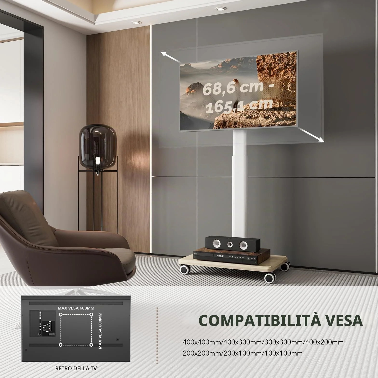 Supporto TV mobile per TV da 27 a 65 pollici, carrello TV portatile con ruote, grande supporto universale con supporto girevole, altezza regolabile per angolo camera da letto, esterno.