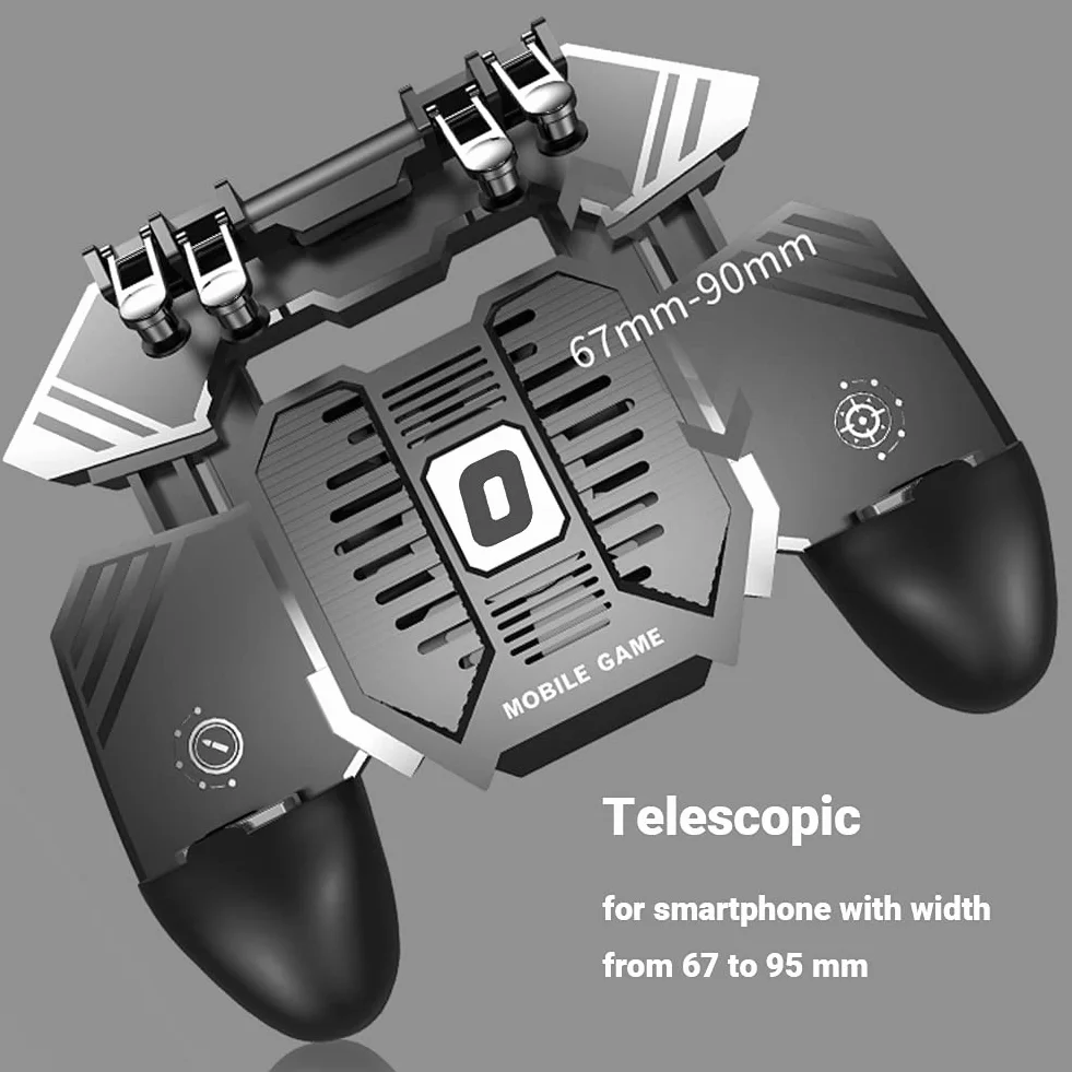 Ozkak Mobile Controller con Fan Ventola Raffreddamento, Smartphone Trigger 6 Finger L1 R1 L2 R2 per PUBG COD Telefono Cellulare iPhone iOS Android Larghezza da 67 a 90 mm