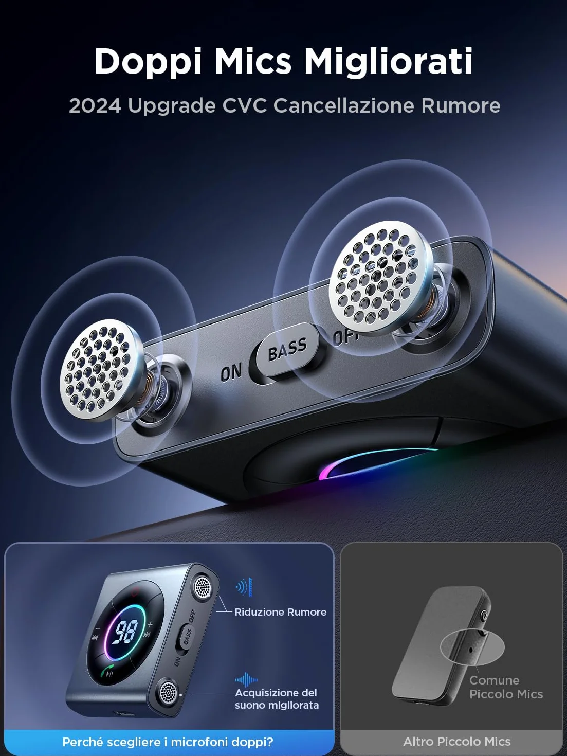 JOYROOM Ricevitore Bluetooth 5.4 Auto Bass Stereo, Jack Aux 3,5mm Chiamate in Vivavoce, 26 Ore Autonomia