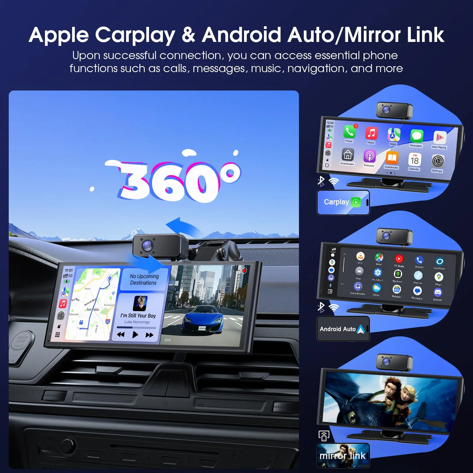Avylet 10, 26" Carplay Auto con Schermo da 60 FPS, Android Auto con 3 Telecamere (Front Dash Cam, Rear, Internal), CarPlay Portatile con Navigazione OTA/GPS/Mirror Link/Controllo Vocale/Bluetooth/AUX