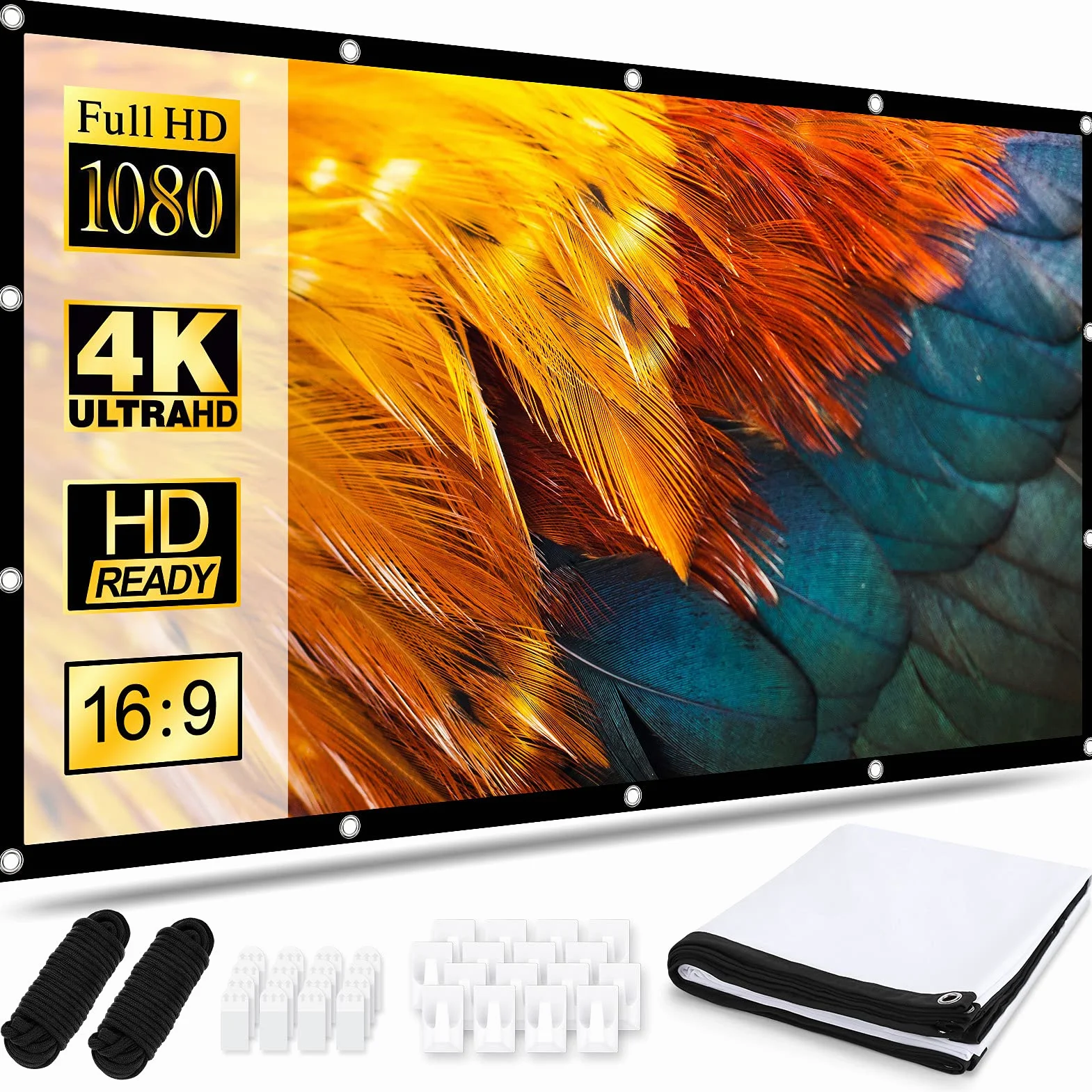 Schermo Proiettore 120 Pollici 16:9 HD Telo Proiettore Anti Rughe Pieghevole Portatile Lavabile, Schermo Doppia Faccia, Schermo Proiezione Esterno per Casa Ufficio Eventi All`Aperto Teatro