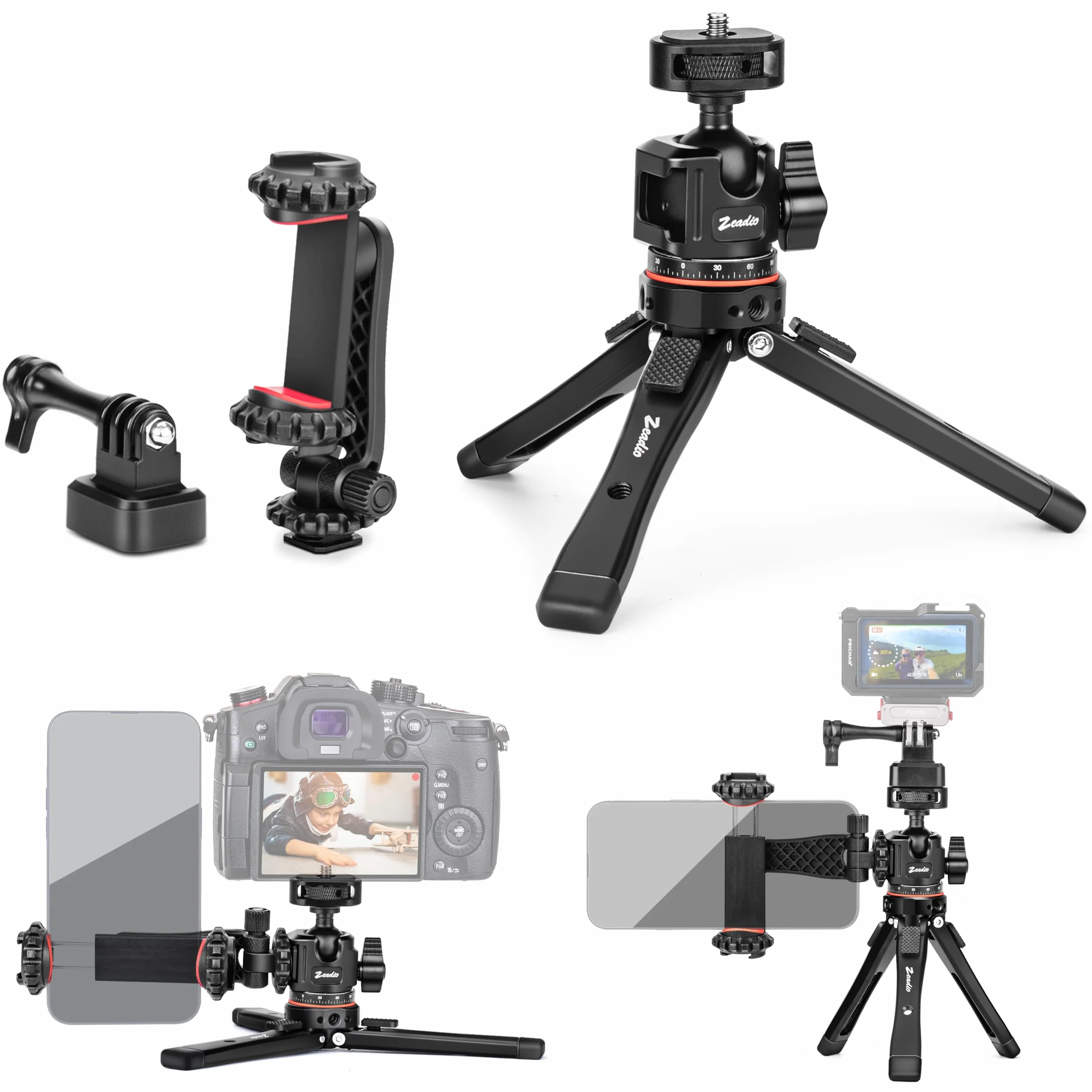 Zeadio Kit Treppiedi in Metallo Heavy Duty con Adattatore 1/4", Supporto per Telefono e Adattatore per Action Cam, Compatibile con iPhone/Android Fotocamera Gimbal Action Cam e altro