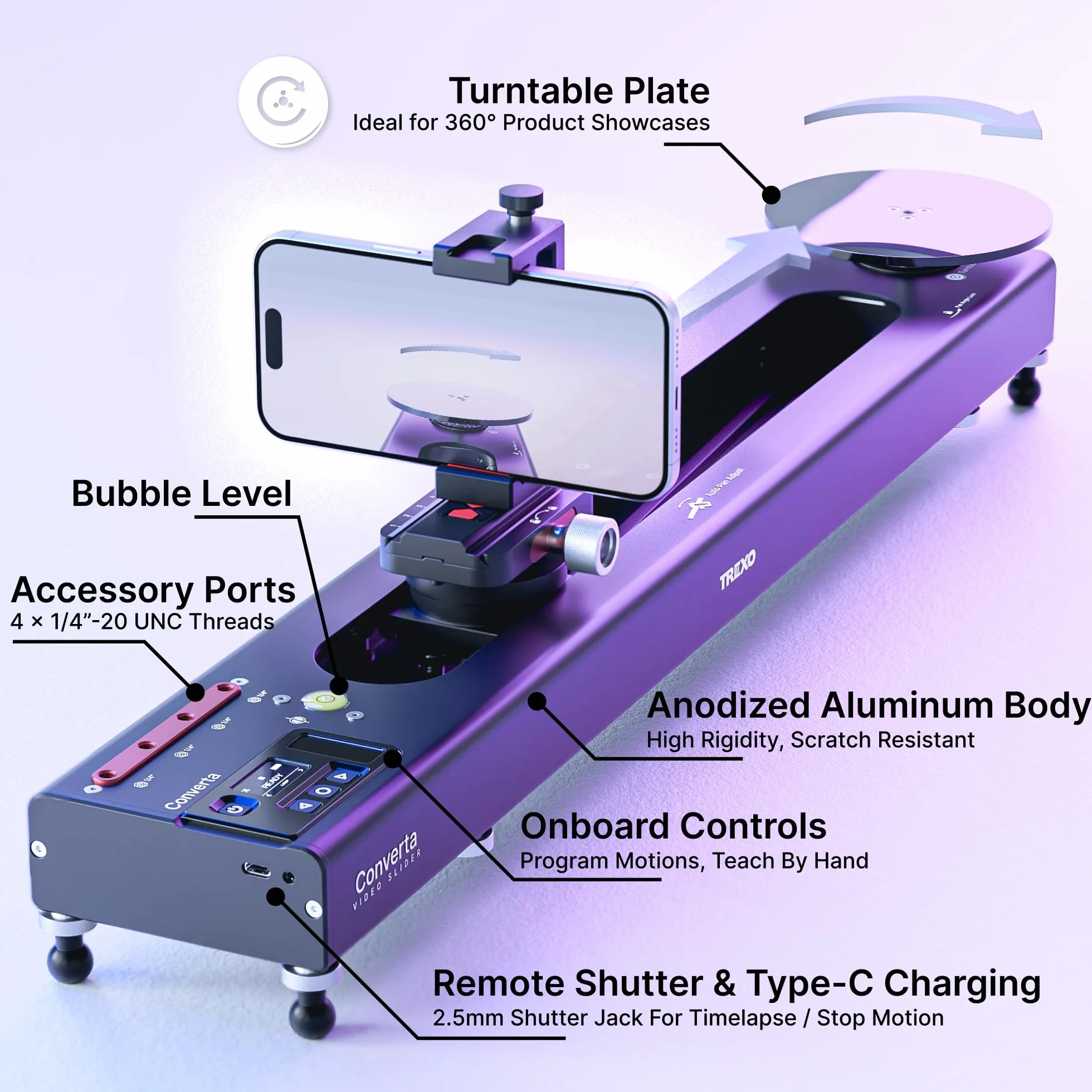 Trexo Converta Pro - AI-Powered Video Slider, Built-in Rotary Table, 90° Panoramic Shooting, Time-Lapse, Loop Mode, APP & Voice Control, Pro Camera Motion System (C600-60cm/23.6")