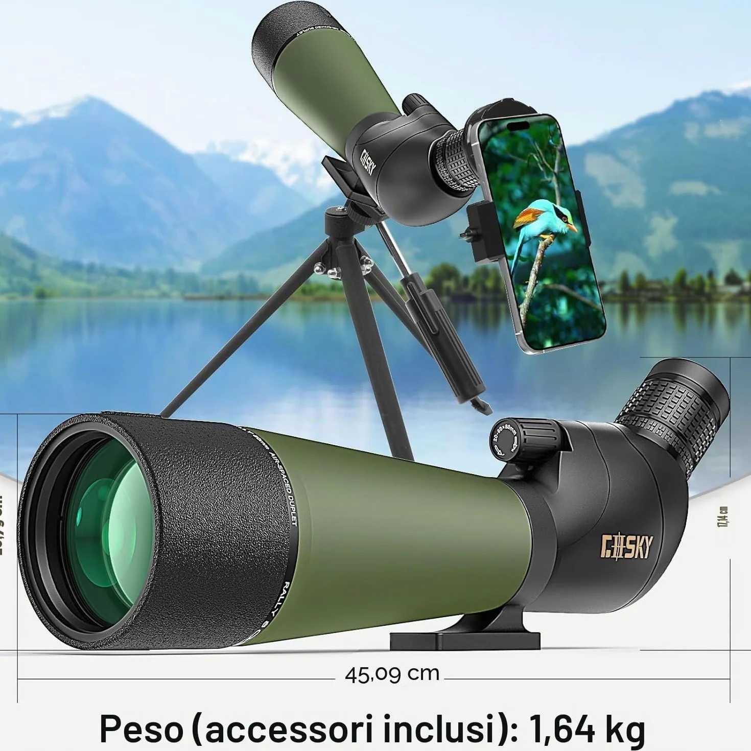 Gosky 20-60x80 da osservazione con treppiede, borsa da trasporto e smartphone - BAK4 HD cannocchiale ad angolo - cannocchiale impermeabile per caccia al bersaglio Bird Watching