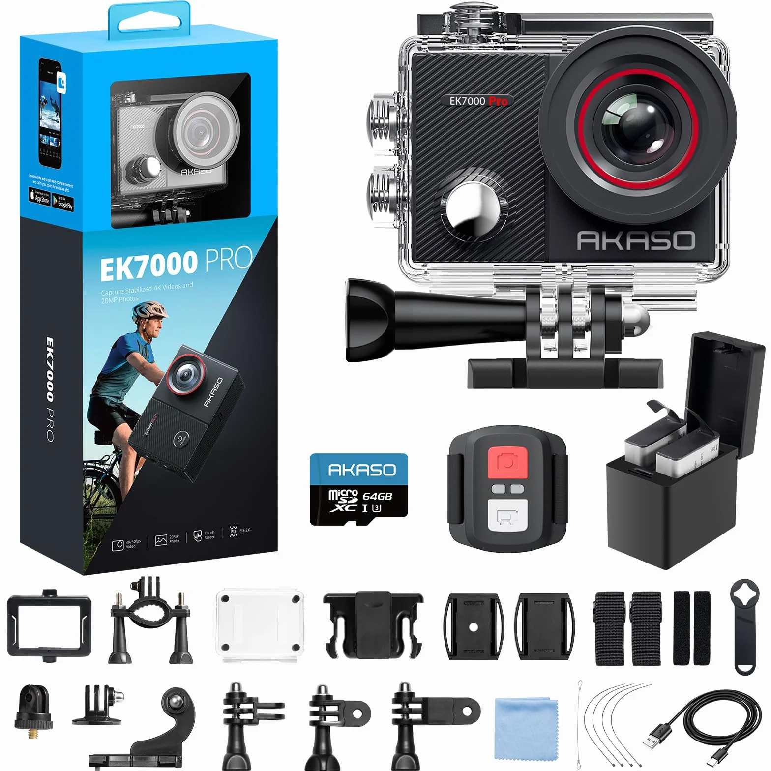 AKASO EK7000 Pro 4K Action Camera con scheda di memoria microSDXC da 64 GB