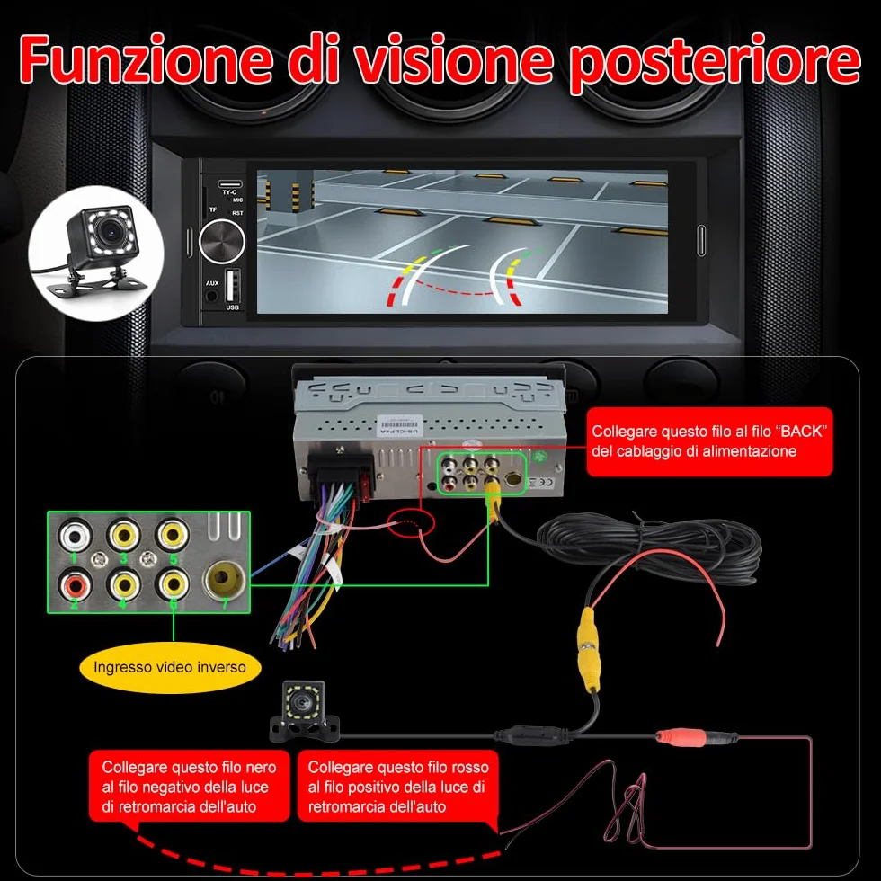 Autoradio 1 DIN con schermo Wireless CarPlay e Android Auto FM Bluetooth AUX Tipo-C Telecamera posteriore