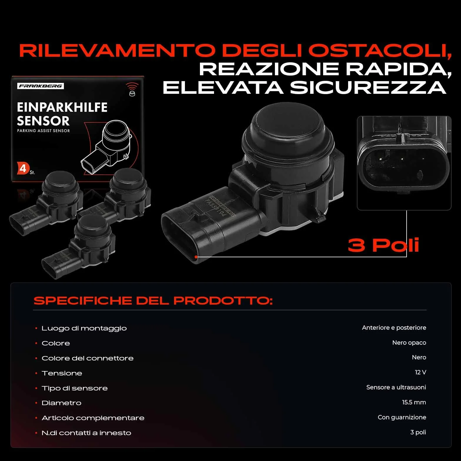 Frankberg 4x Sensore di Parcheggio PDC Compatibile 312 0.9L 2012-2019 319 0.9L 2013-2019 4C 960 1.7L 2013-2019