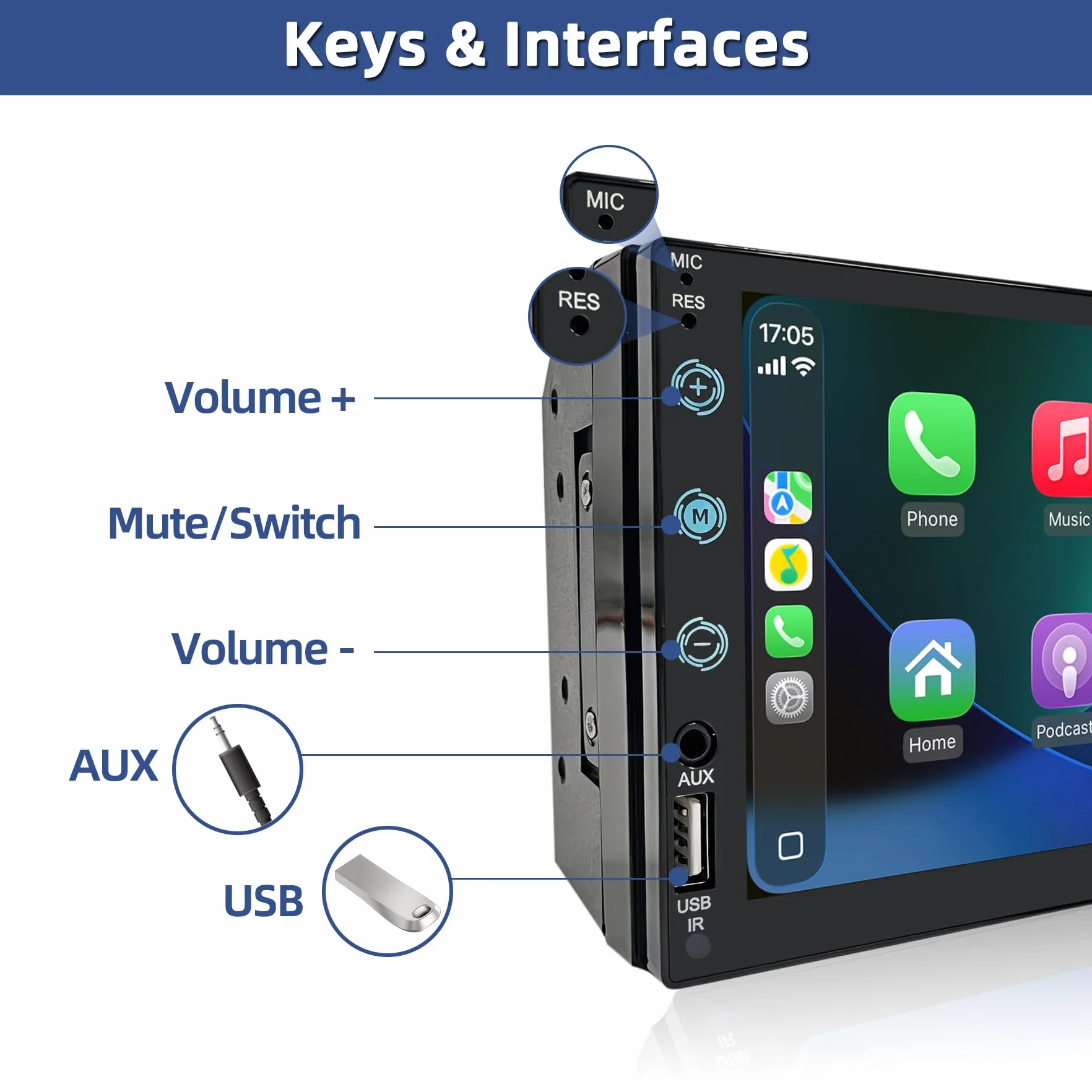 Autoradio 2 DIN con Carplay e Android Auto - Schermo tattile da 7 pollici con telecamera posteriore, Mirror Link, USB/AUX/FM, adatto per veicoli a 12V