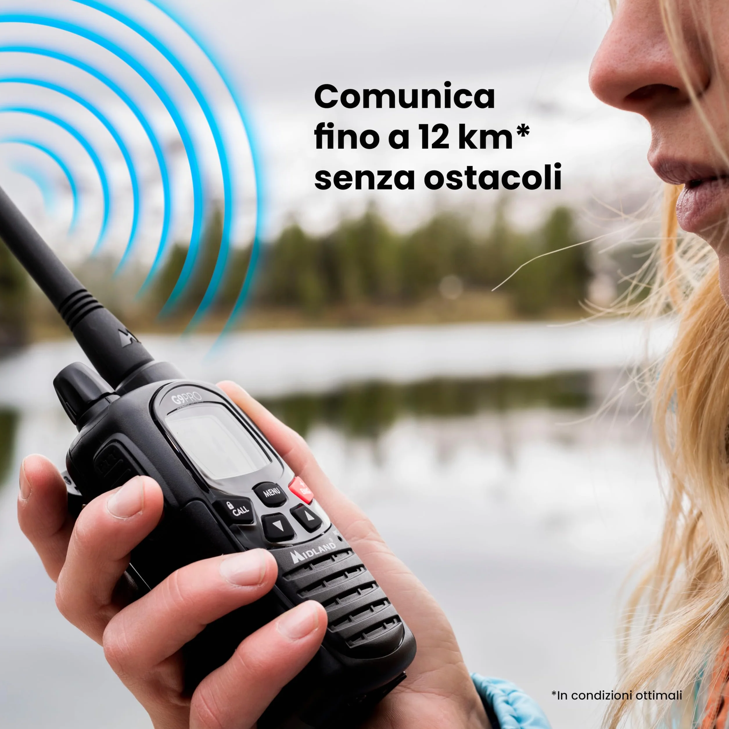 Midland - Walkie Talkie G9 PRO, Ricetrasmittenti Professionali IPX4 Waterproof per Softair e Outdoor, 101 Canali - 32 PMR446/69 LPD, Copertura 12Km, Autonomia 23H, 4 Batterie Ricaricabili e Accessori